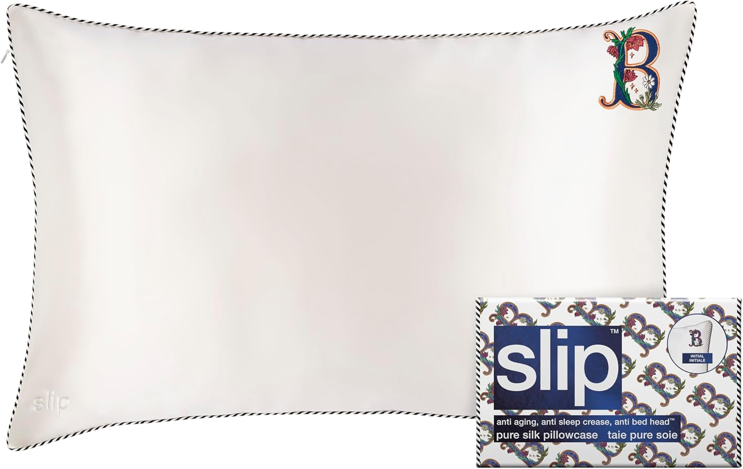 White Hypoallergenic Silk Queen Pillowcase with Embroidered Letter B