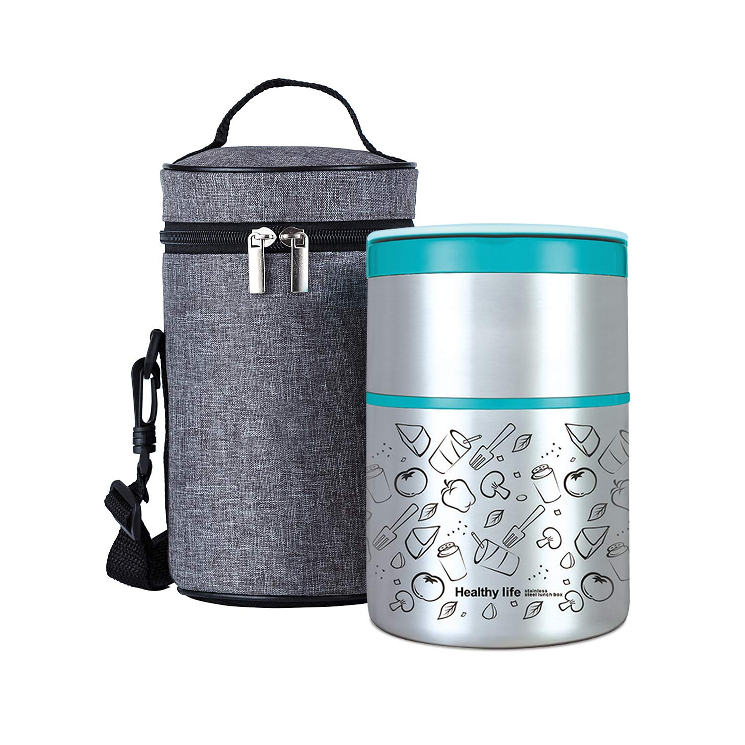 Lille Home Vacuum Insulated Stackable Stainless Steel Thermal Lunch/Snack box, 2-Tier Bento/Food Container with Lunch bag, Smart Diet, Weight Control, 32 Ounces, Blue