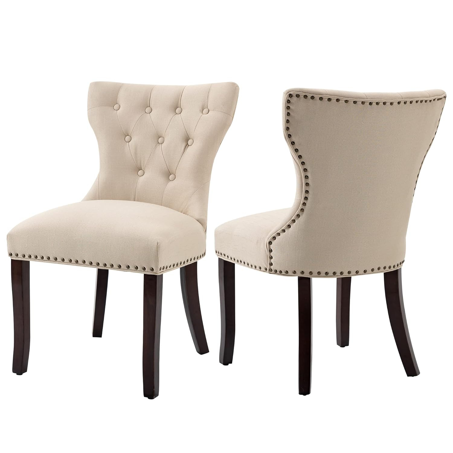 DAGONHIL Fabric Dining Chairs Set of 2, Tufted Dining Room Chairs,Upholstered Solid Wood Accent Chairs with Nail Heads and Buttons for Living Room, Beige
