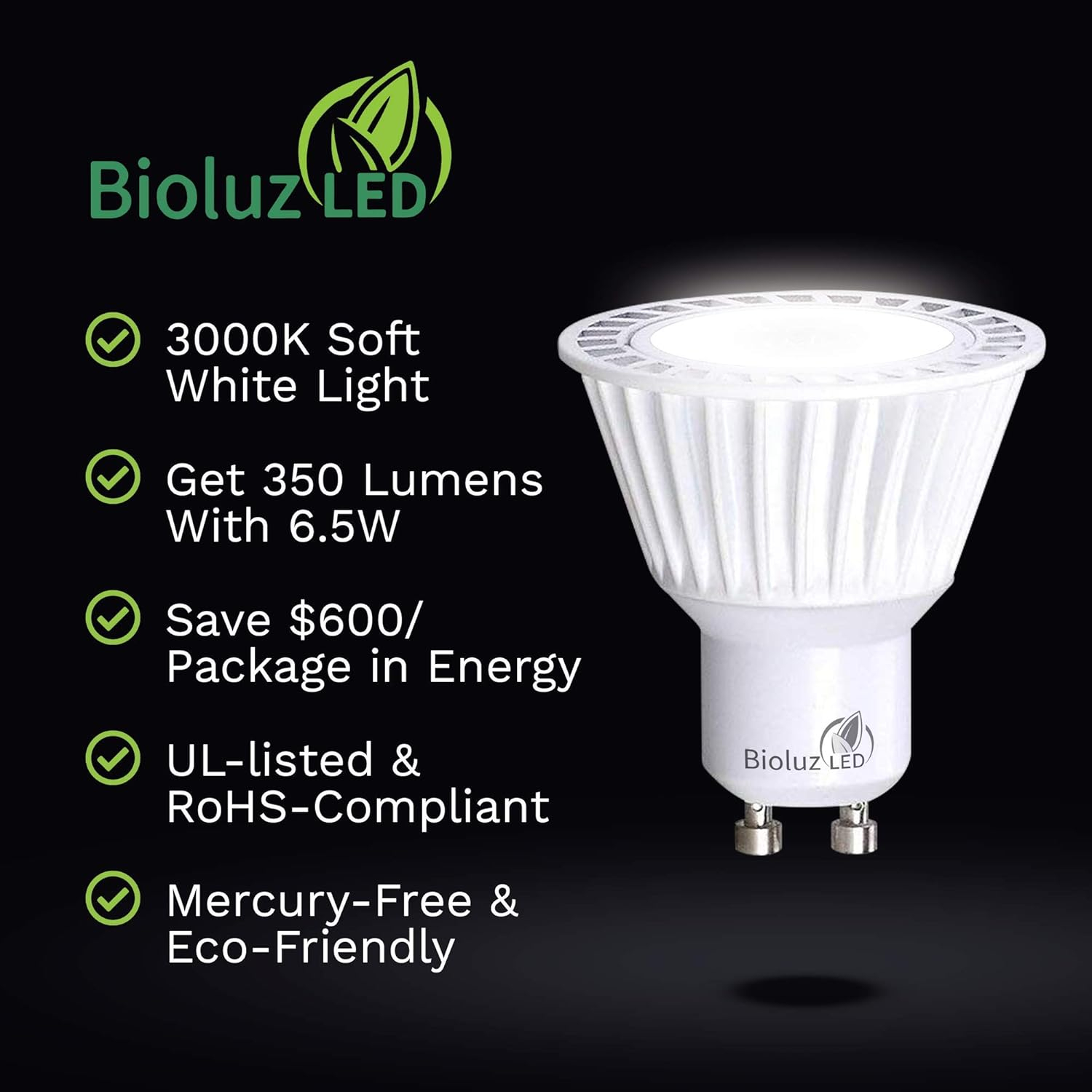 5 Pack Bioluz LED GU10 LED Bulb 50W Replacement (Uses only 6.5 watts) Dimmable 3000K 120v UL Listed