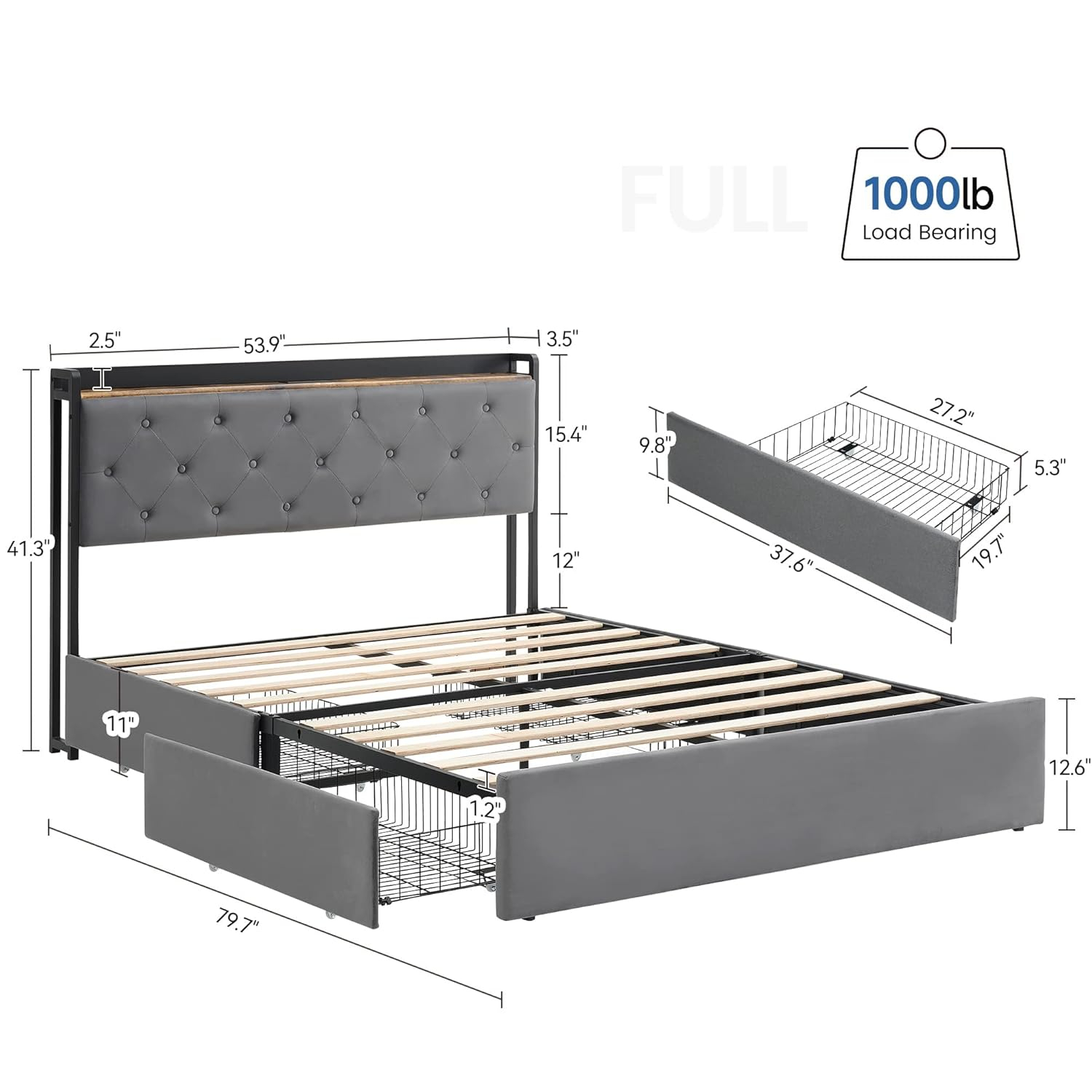 GarveeHome Full Size Bed Frame with 4 Storage Drawers and Charging Station, Upholstered Velvet Platform Bed Frame with Storage Headboard and Sturdy Wooden Slats Support, No Box Spring Needed