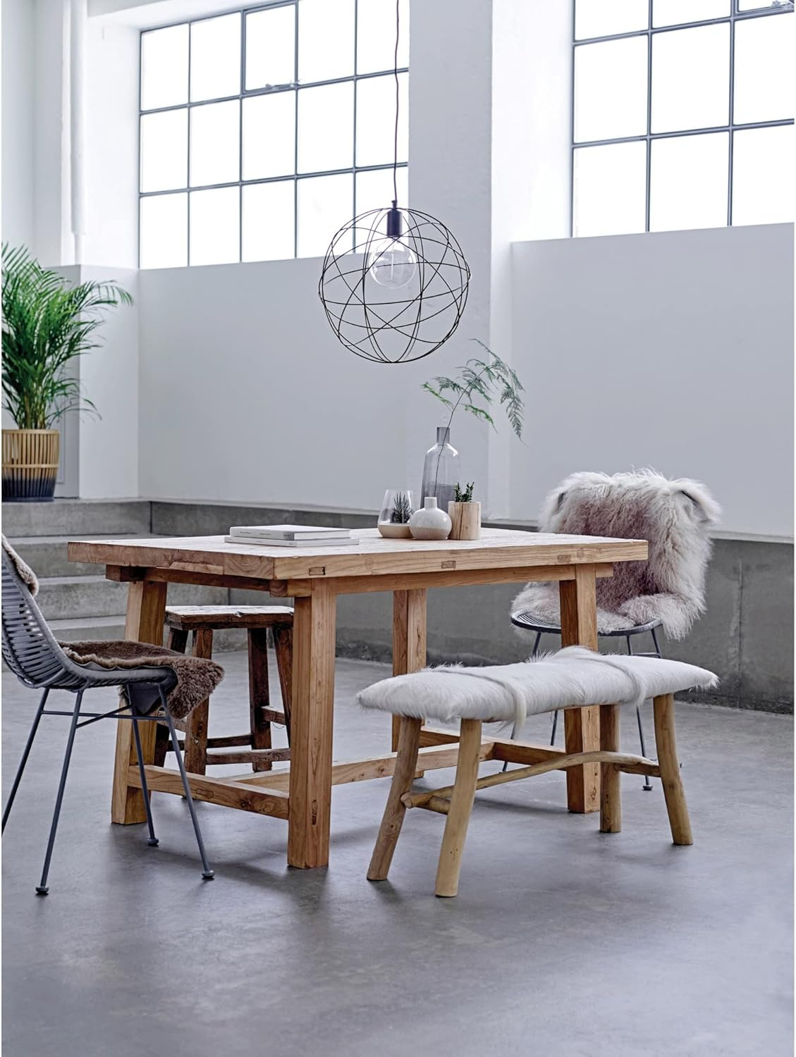 White Goat Fur and Oak Wood Bench