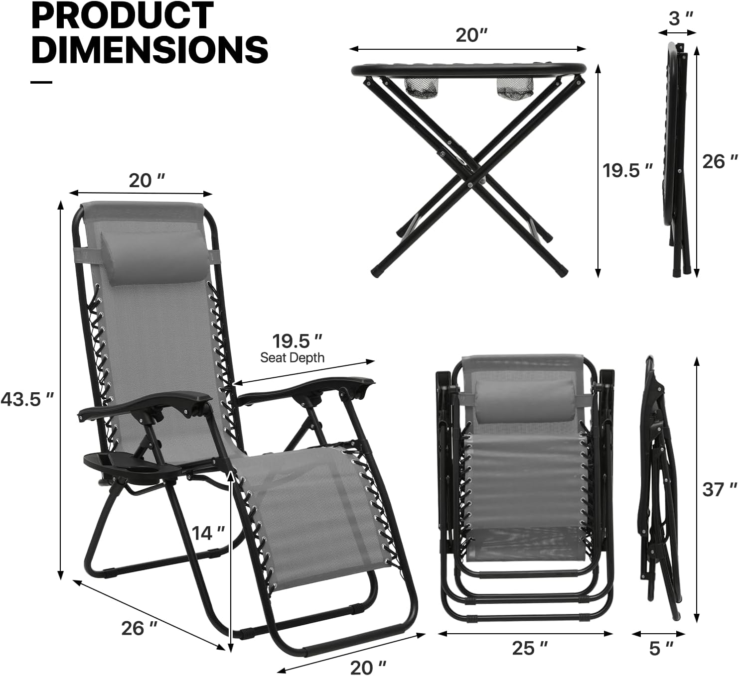 MoNiBloom Zero Gravity Chairs Set of 3, Folding Reclining Chairs with Folding Table, for Pool Patio Lawn Beach Vacation, Grey