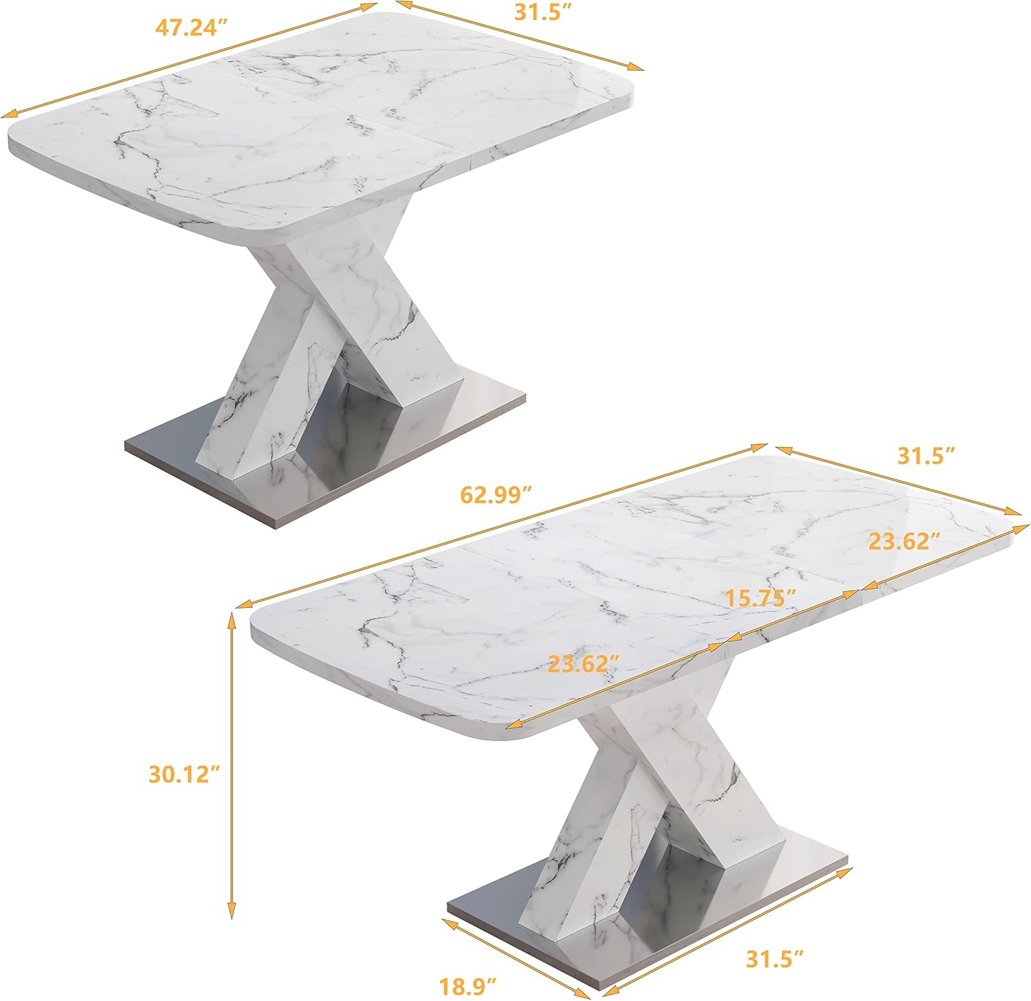 Extendable Dining Table for 4-6 People, Expandable 47-63 Inch Modern White Faux Marble Dining Room Table with MDF Table Top X-Shape Table Leg Metal Base (White Top, White Leg)