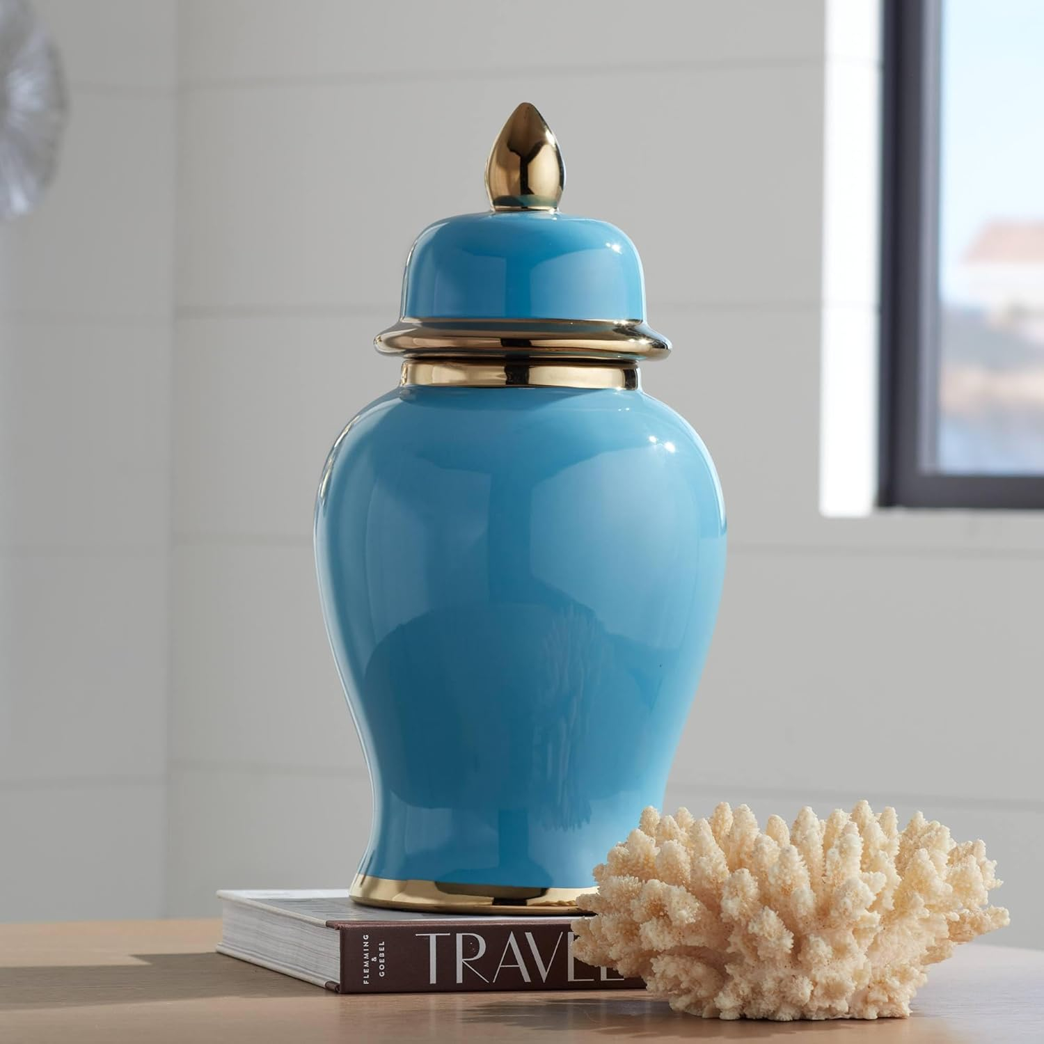 Shiny Turquoise and Gold Porcelain Ginger Jar with Lid