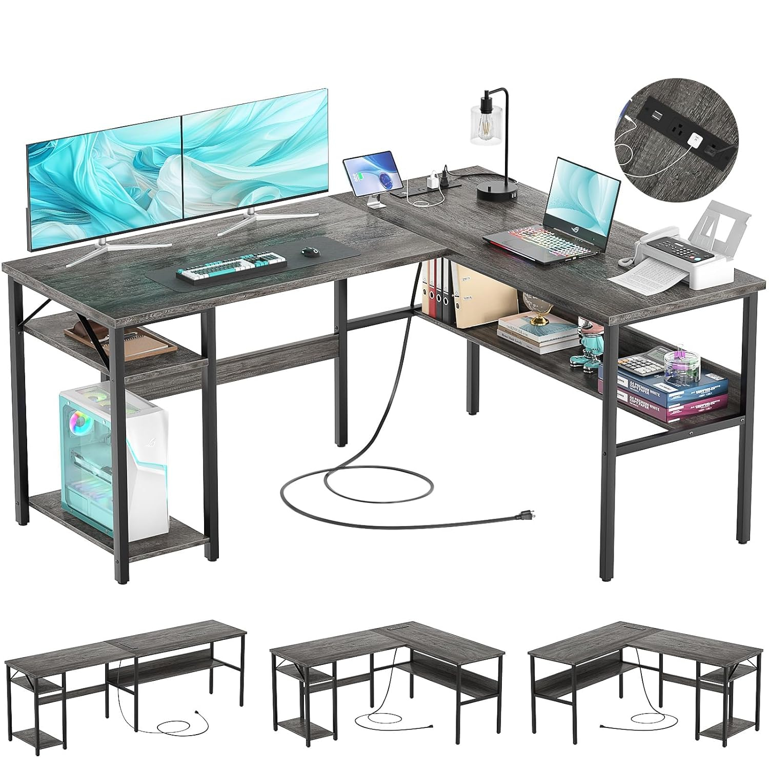 Reversible L Shaped Gaming Desk with Power Outlets and USB Charging Ports, Sturdy Computer Desk with Storage Shelf, Modern Corner Desk Home Office Table, Easy to Assemble, Gray Oak