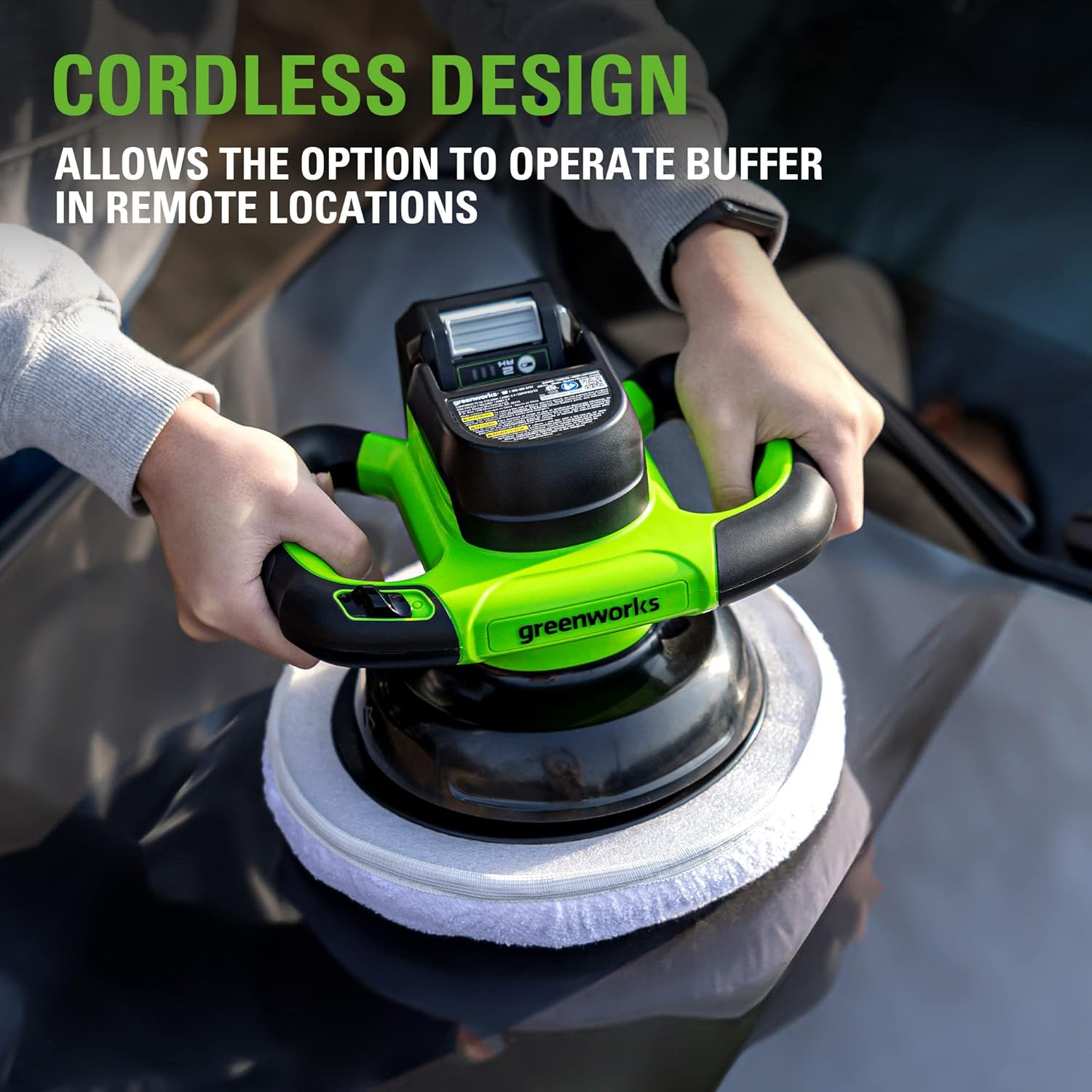 Greenworks 24V Powerful 10" Cordless Orbital Buffer, 10-inch pad 2800 RPM waxing machine with 4 Buffing Bonnets, 2.0Ah Battery & 2A Charger included