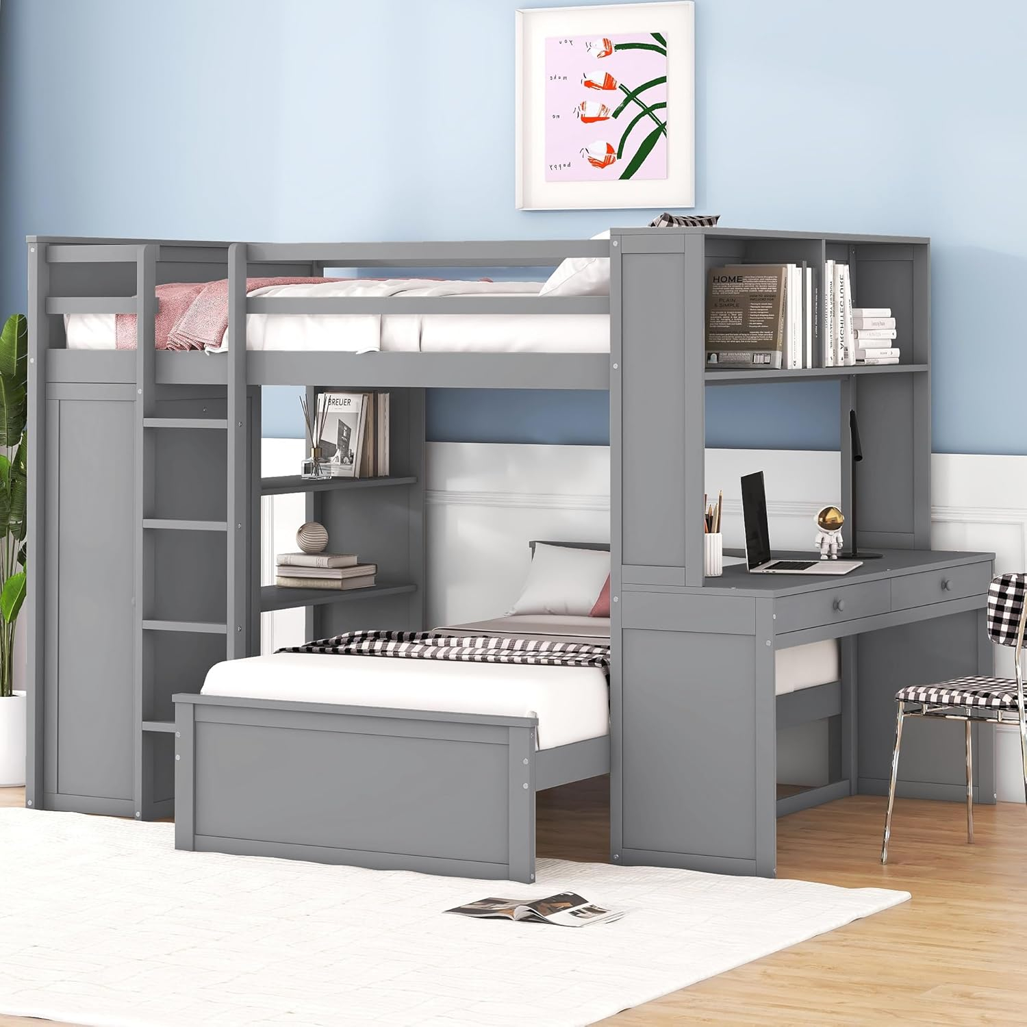 Full Over Twin Bunk Bed with Desk, Wardrobe and Storage Shelves, Loft Bed with A Stand-Alone Bed, Wooden Loft Bed Frame with Safety Guardrails & Slats Support, Bottom Bed Can Be Moved, Gray