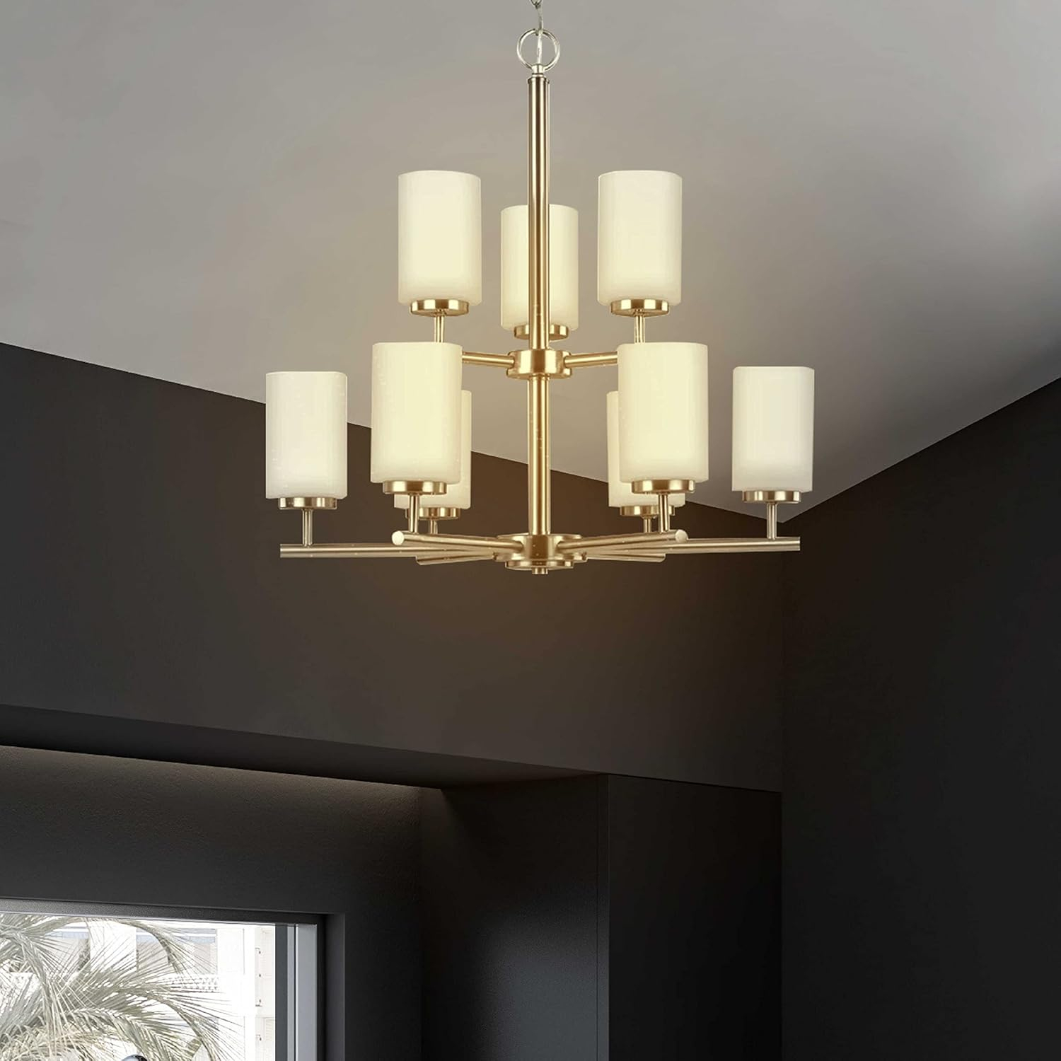 Oslo Sleek 9-Light Brushed Nickel Chandelier with Opal Etched Glass