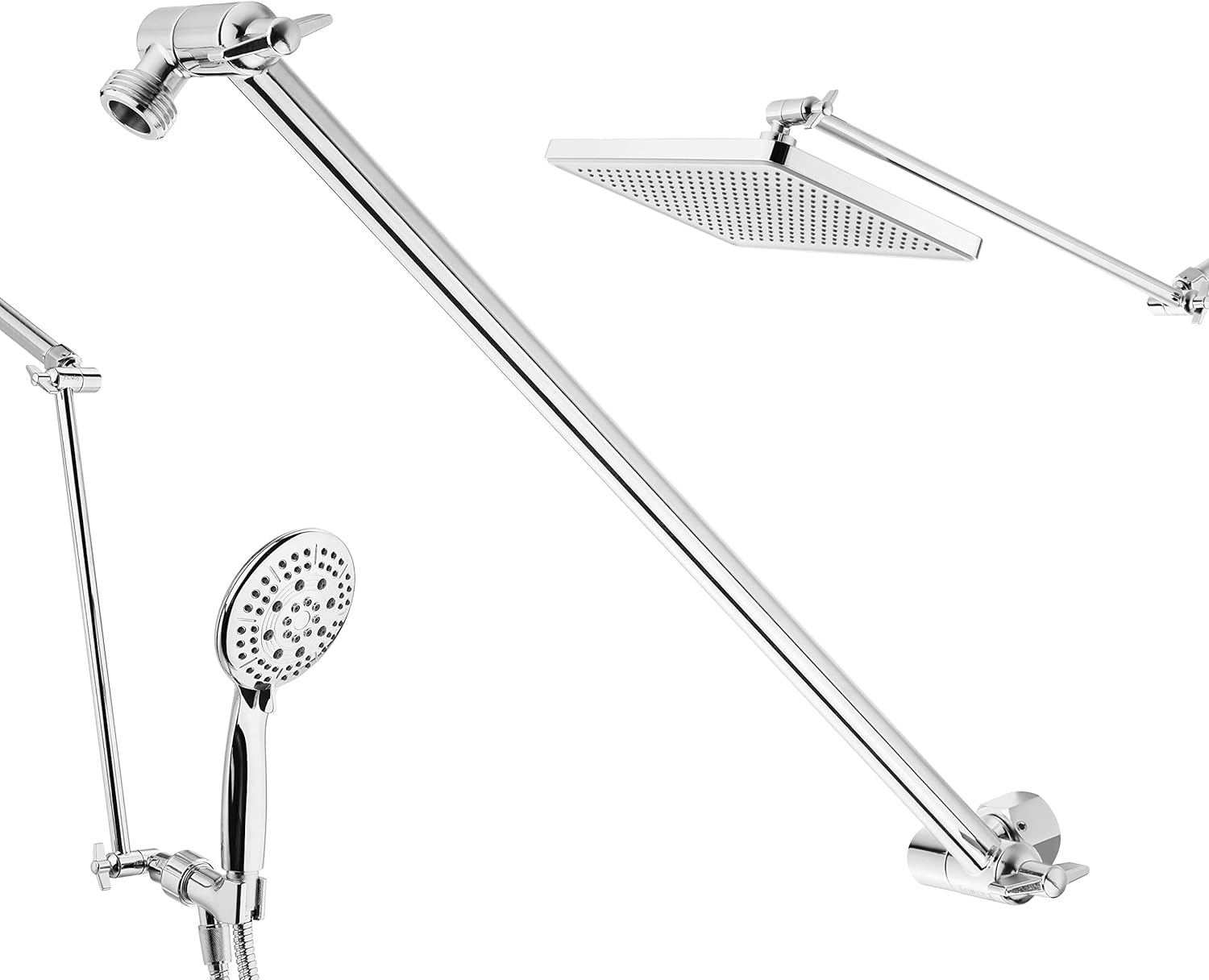 Flowby 𝟭6'' 𝗘𝘅𝘁𝗿𝗮 𝗟𝗼𝗻𝗴 Adjustable Solid Brass Chromed Shower Head Extension Arm, With Setting Screw and Locking Nuts, Extra Load of Weight, Height and Range Adjustable, Easy Installation