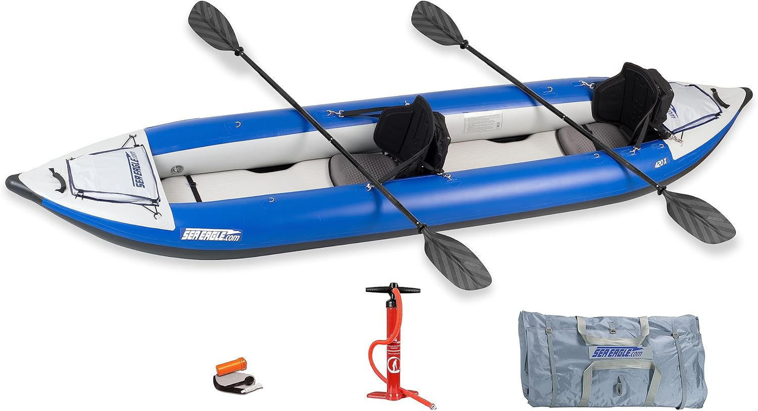 Sea Eagle 420X Explorer Inflatable Kayak- Fishing, Touring, Camping, Exploring & White Watering-Self Bailing, Removable Skeg, Drop Stitch Floor- Deluxe Package