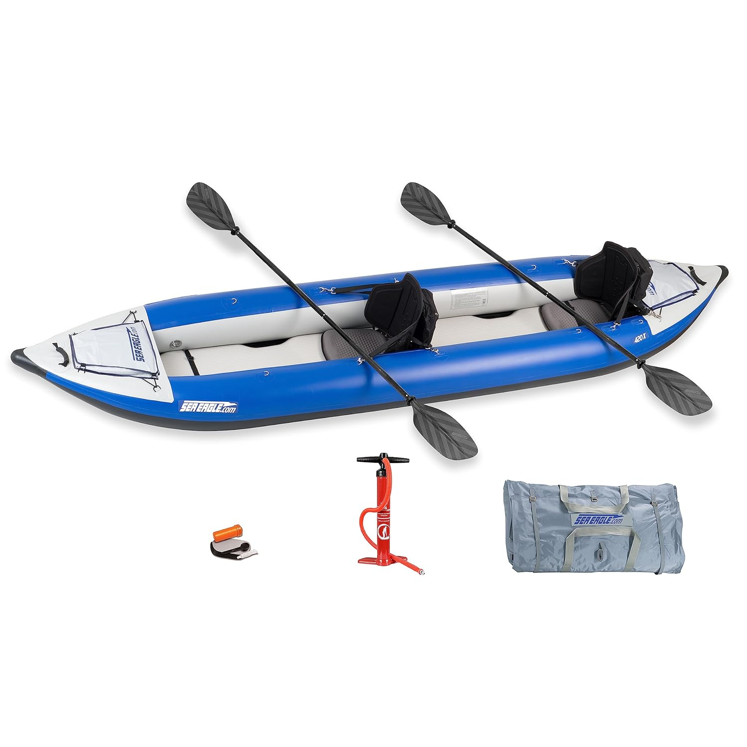 Sea Eagle 420X Explorer Inflatable Kayak- Fishing, Touring, Camping, Exploring & White Watering-Self Bailing, Removable Skeg, Drop Stitch Floor- Deluxe Package