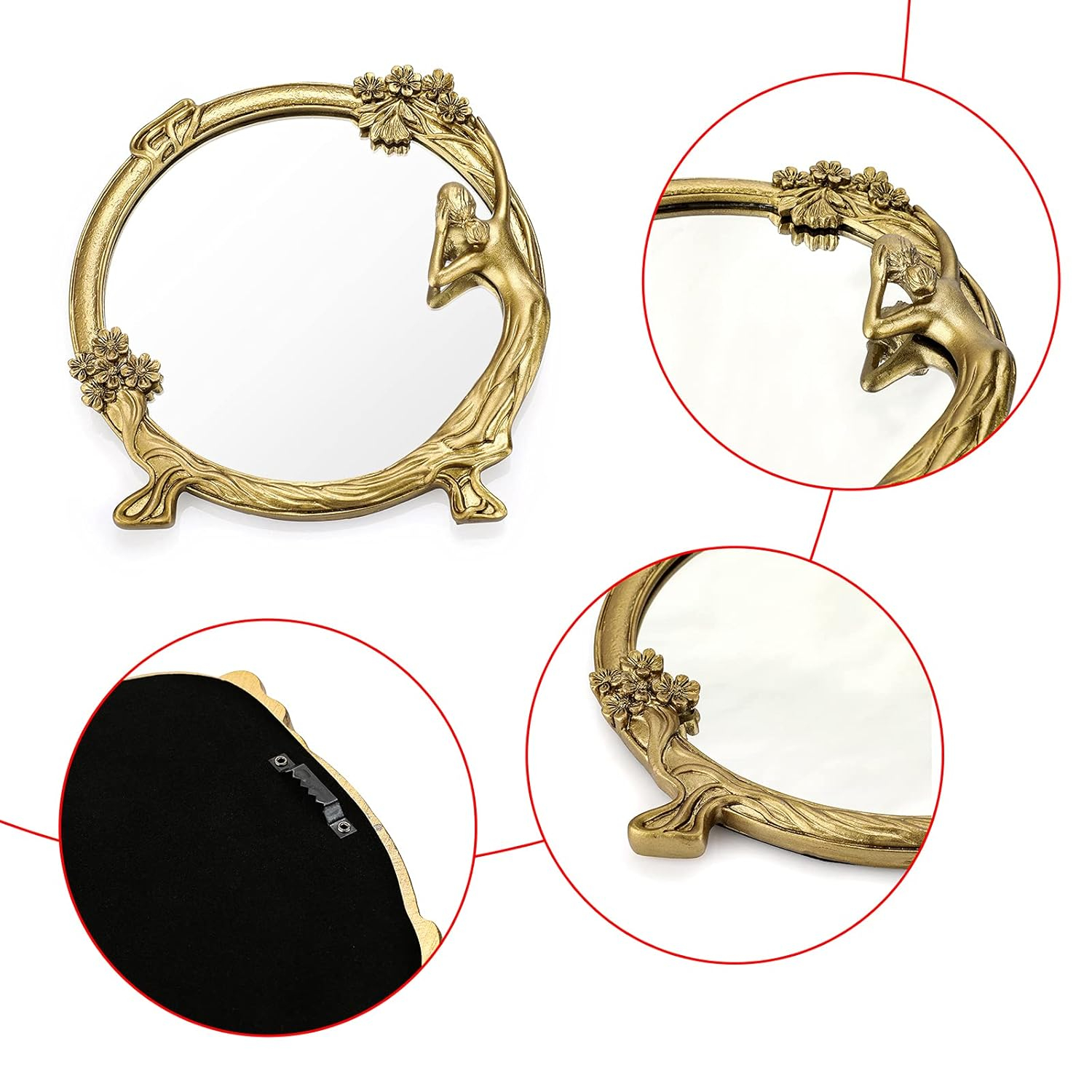 XGZHP2 Add Luxury European Vintage Resin Relief Mirror to Your Collection - Elegant Golden Decor for Dressing & Makeup - Timeless Antique-Style Prop with Feminine Charm - Perfect for Phot