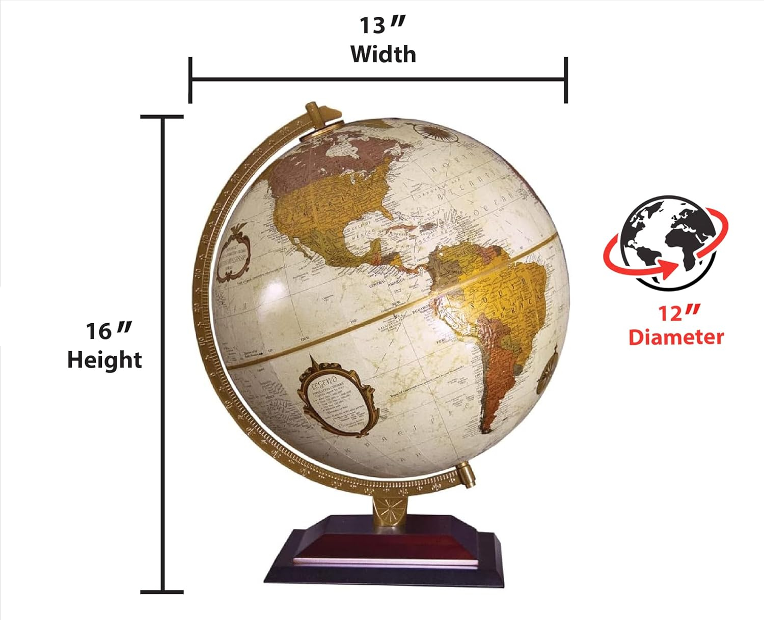 Andorra 12" Desktop World Globe, Raised Relief, Up-to-Date Cartography, Made in USA (Antique Ocean with Bronze Metallic Continents)