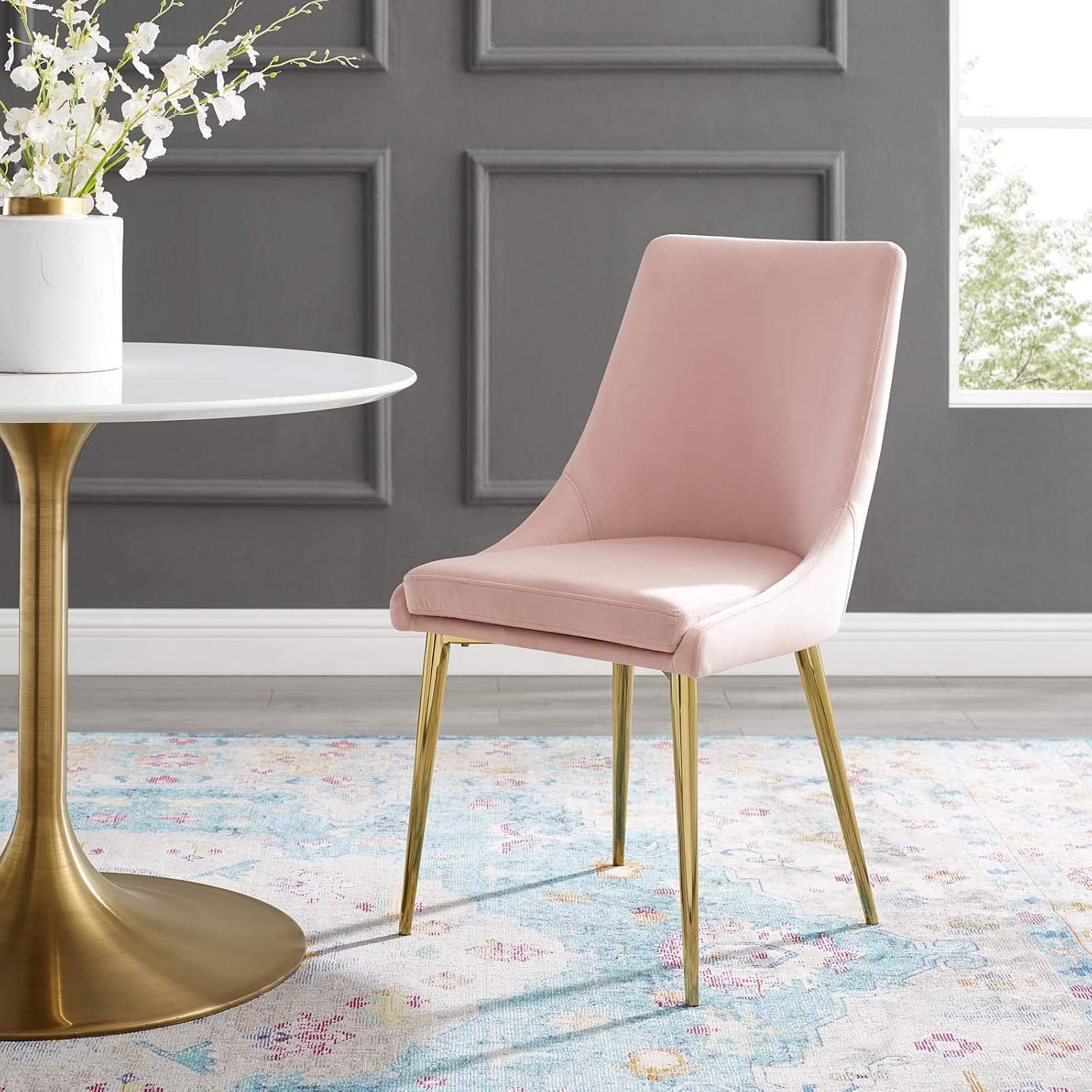 Modway Viscount 19" Modern Performance Velvet Dining Chair in Pink