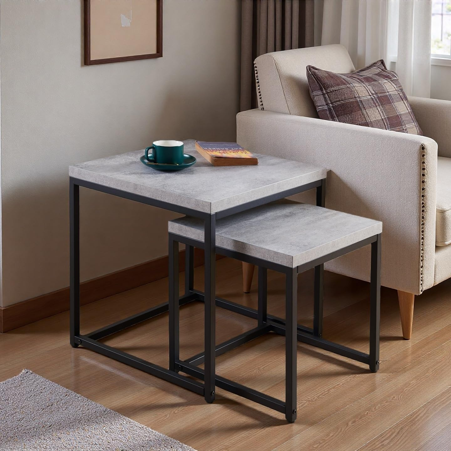 Censi Nesting Coffee Table, Industrial, Wood and Metal, Gray (Set of 2) End Table
