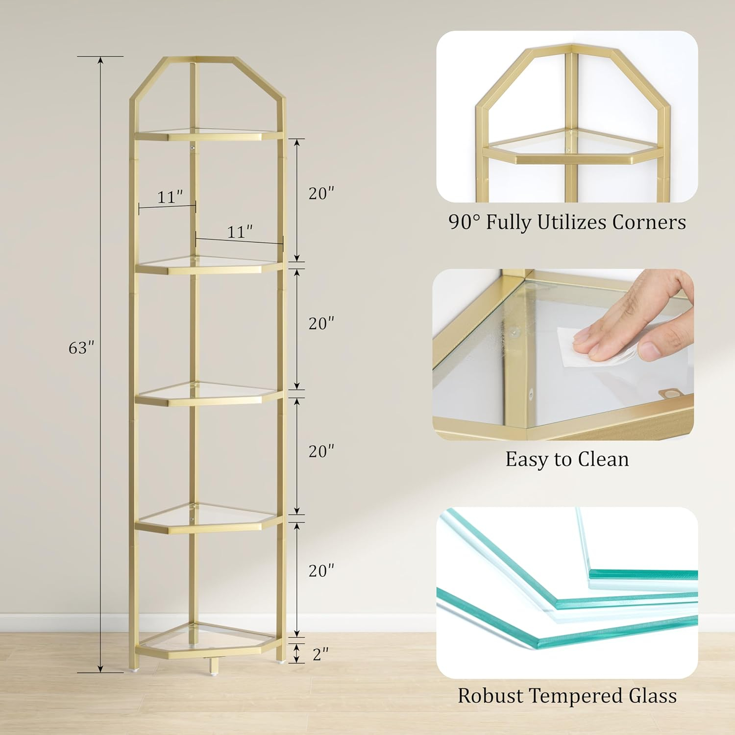 Gold 5-Tier Corner Bookshelf with Tempered Glass Shelves