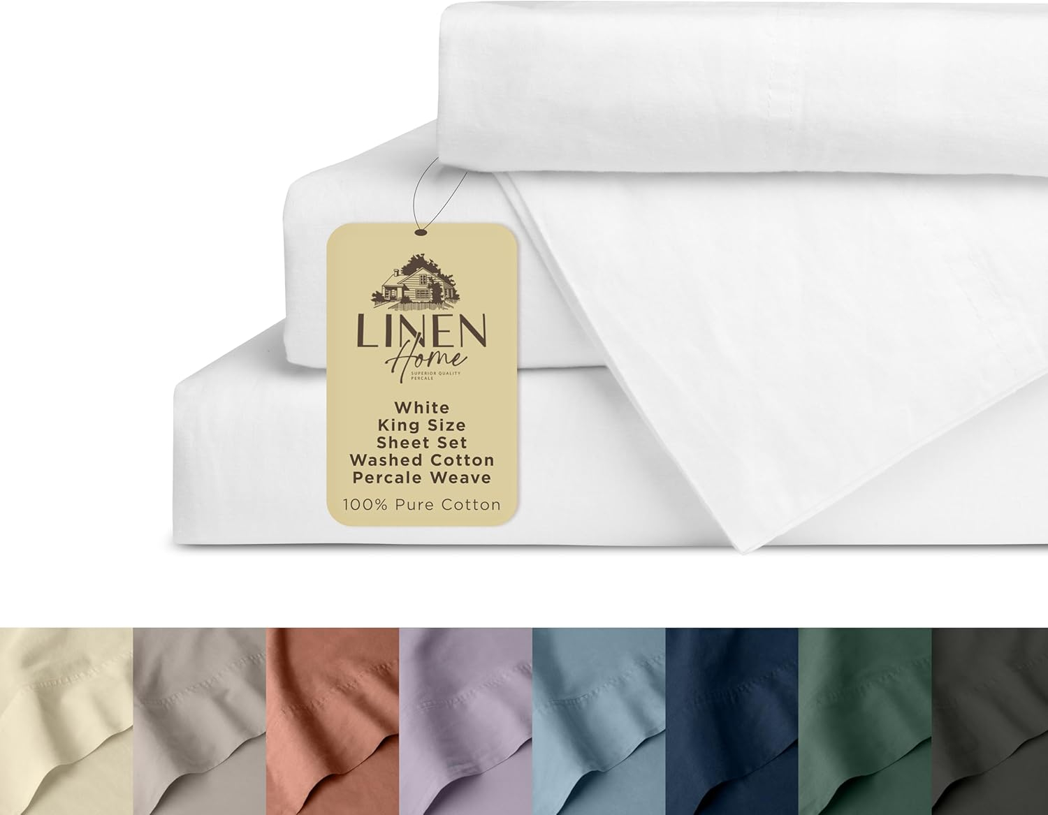 Linen Home Washed Cotton Percale King Sheet Set, White, Deep Pocket, 4 Pieces Bed Sheets - 1 Flat Sheet, 1 Fitted Sheet & 2 Envelope Closure Pillowcases, Cool and Comfortable Bed Linen