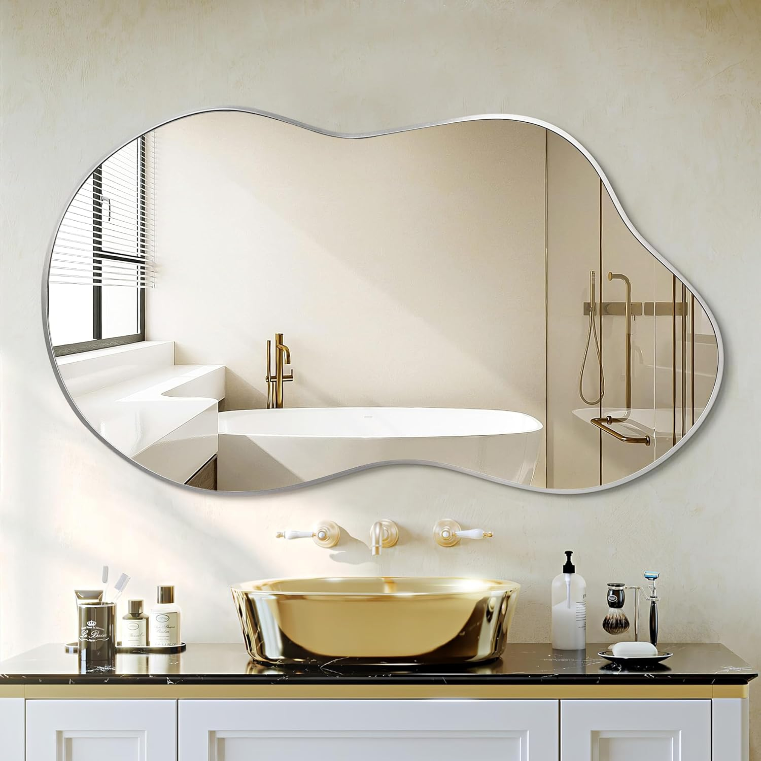 36 in. W. x 20 in. H Irregular Silver Aluminum Alloy Framed Wall Mirror Asymmetrical Wall Mirror
