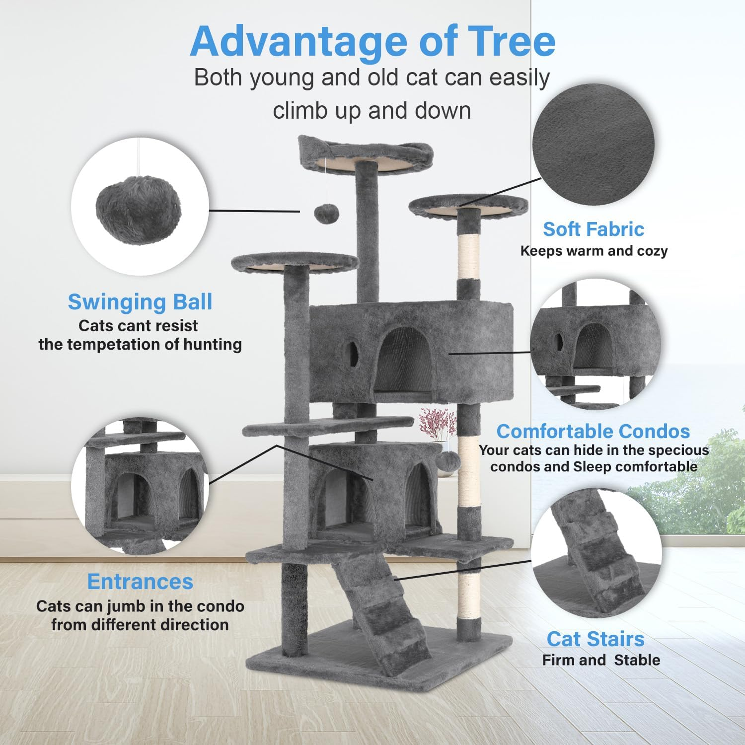 CL.HPAHKL 54in Cat Tree Tower, Multi-Level Cat Tower Furniture Activity Center with Platform Scratching Posts Stand House Condo and Toy, Cat Condos for Indoor Cats Kitten Activity Relaxing, Light Gray