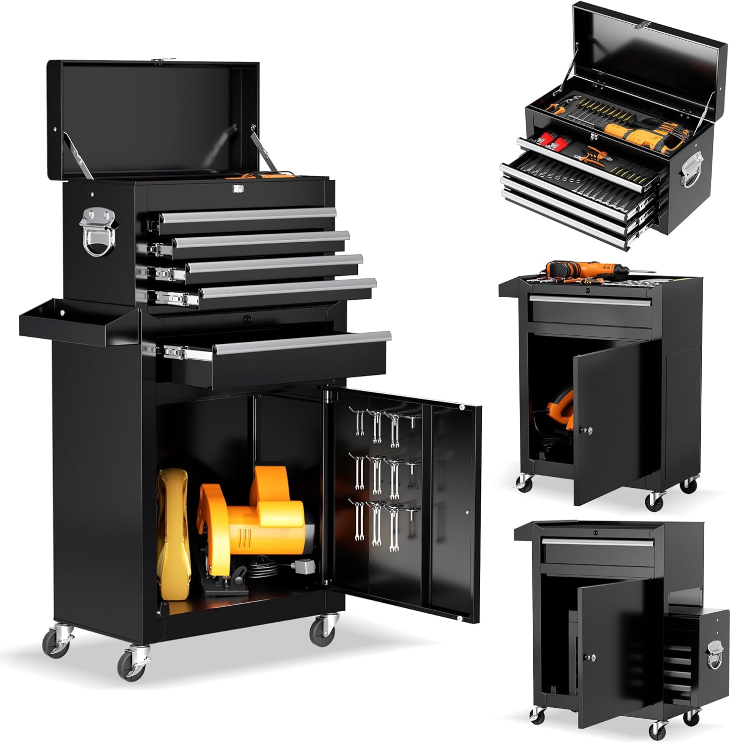 Sesslife 5-Drawer Rolling Tool Chest on Wheels, High Capacity Tool Cabinet with Drawers, Detachable Mobile Tool Box for Workshop, Garage, Mechanics and Repair Room(Black)