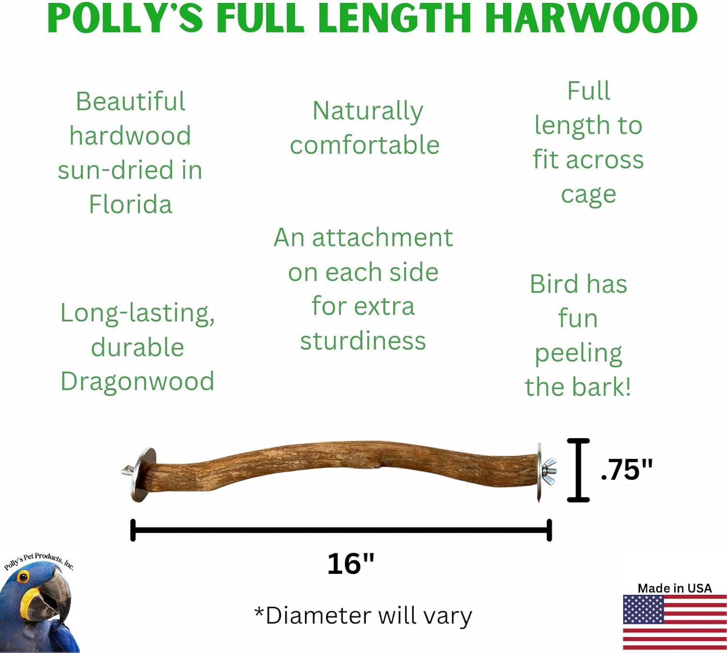 Polly's Full Length Hardwood Bird Perch, 16-Inch, Natural Brown