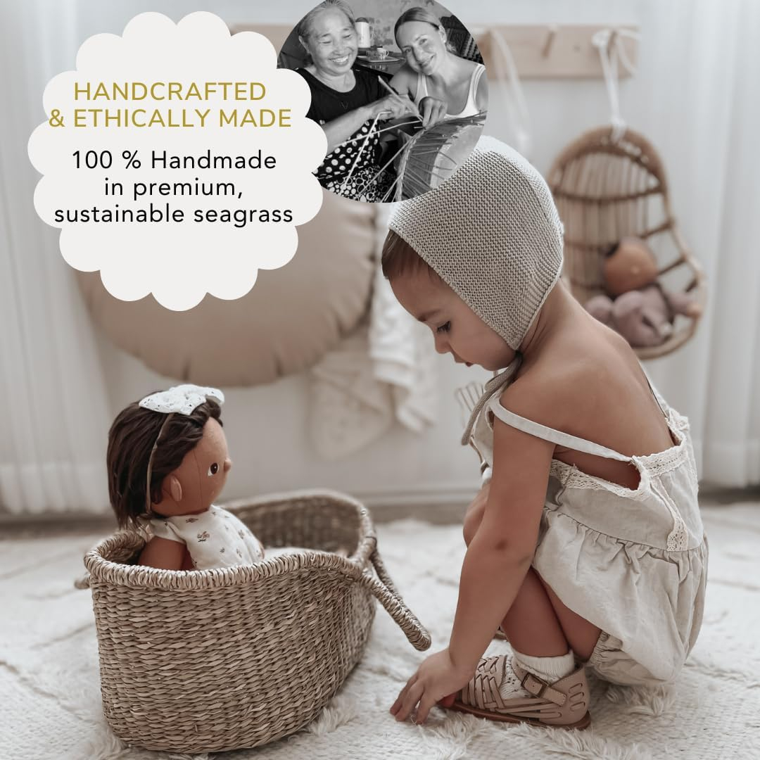 Premium Baby Doll Bassinet - Handcrafted & Award-Winning Seagrass Moses Basket - Doll Carrier with Luxe Mattress