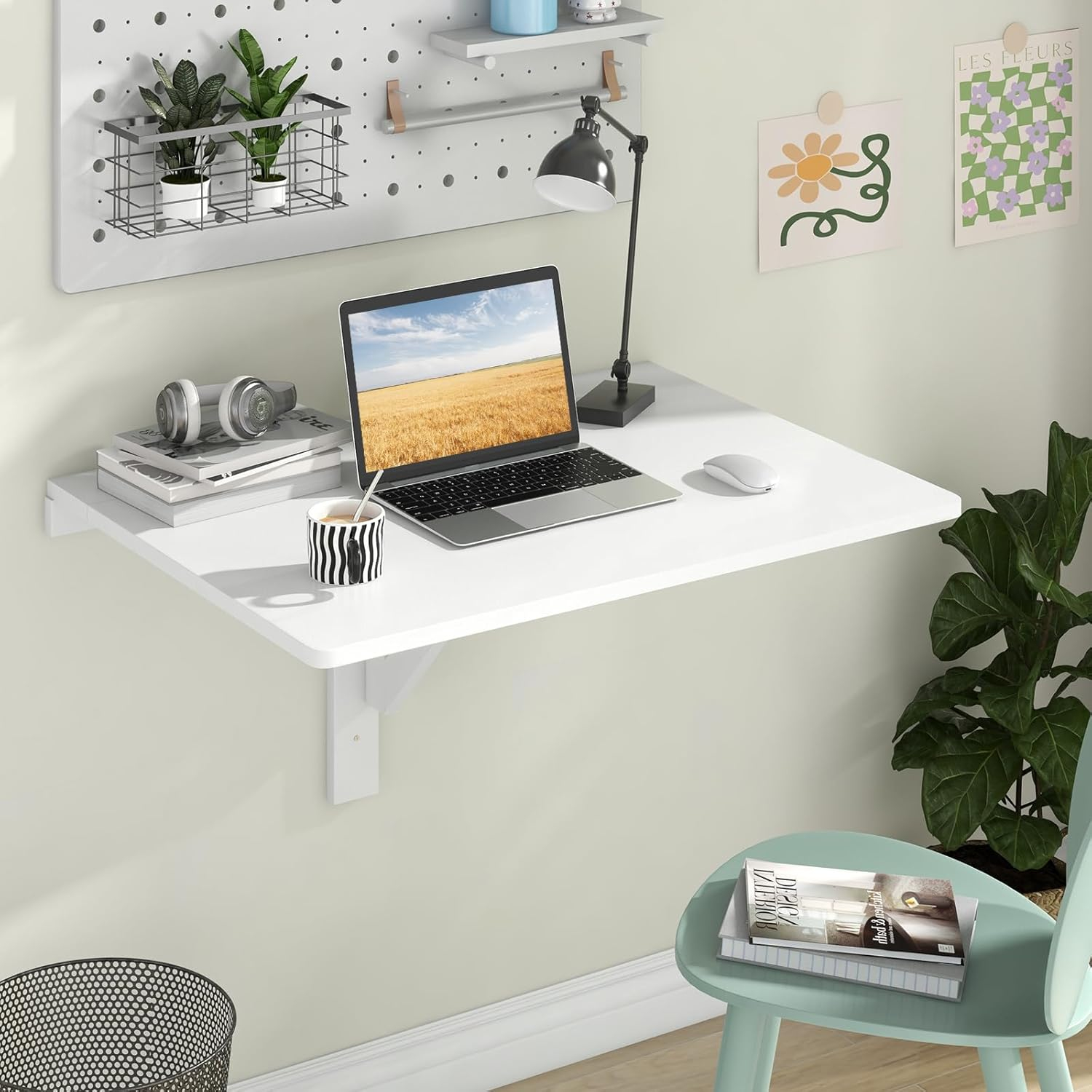 Gymax Wall-Mounted Drop-Leaf Table Folding Kitchen Dining Table Desk Space Saver White