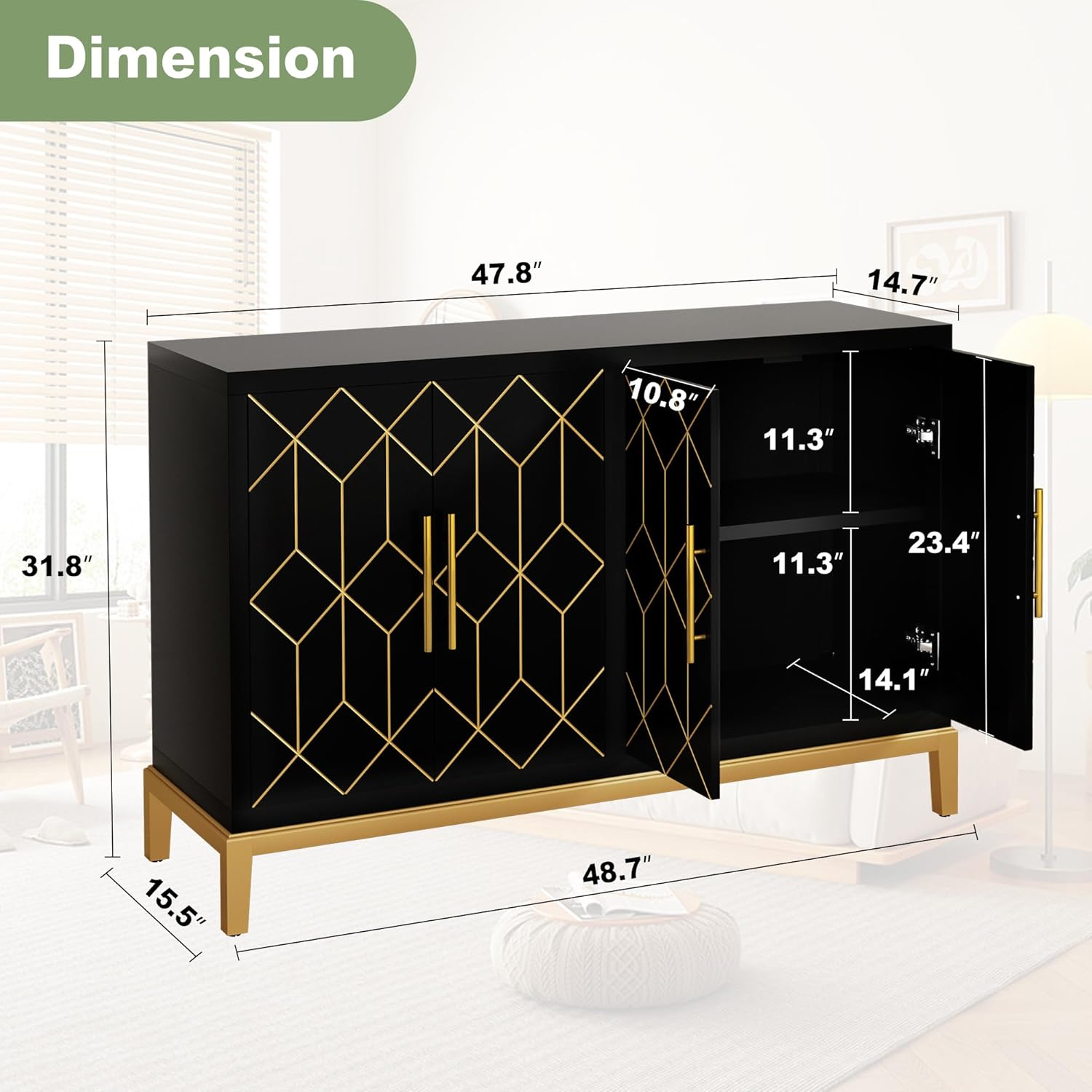 HLR Black Accent Cabinet with Gold Trim, Storage Cabinet with 4 Doors, Modern Wooden Sideboard
