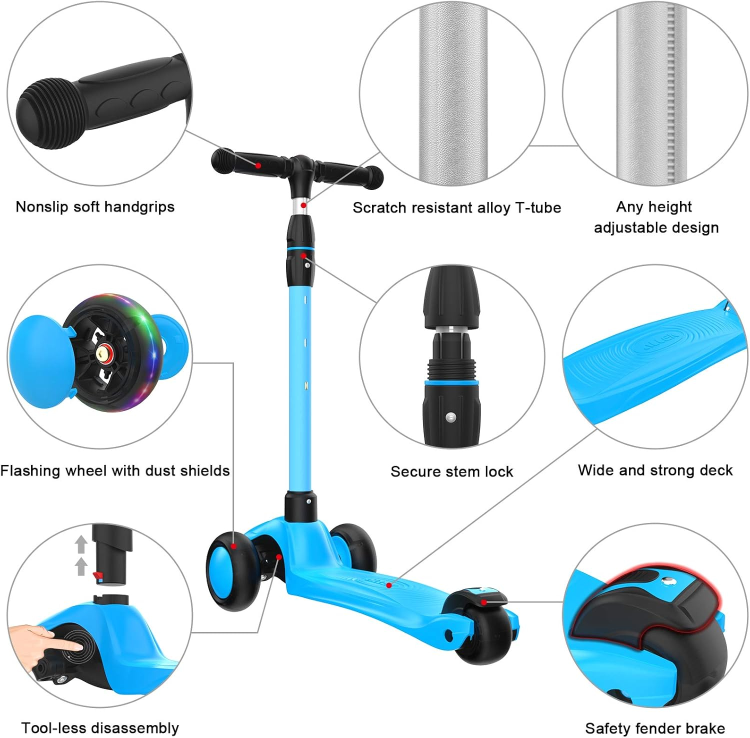 Allek Kick Scooter B03 with Light-Up Wheels and Any Height Adjustable for Children from 3-12yrs (Aqua Blue)