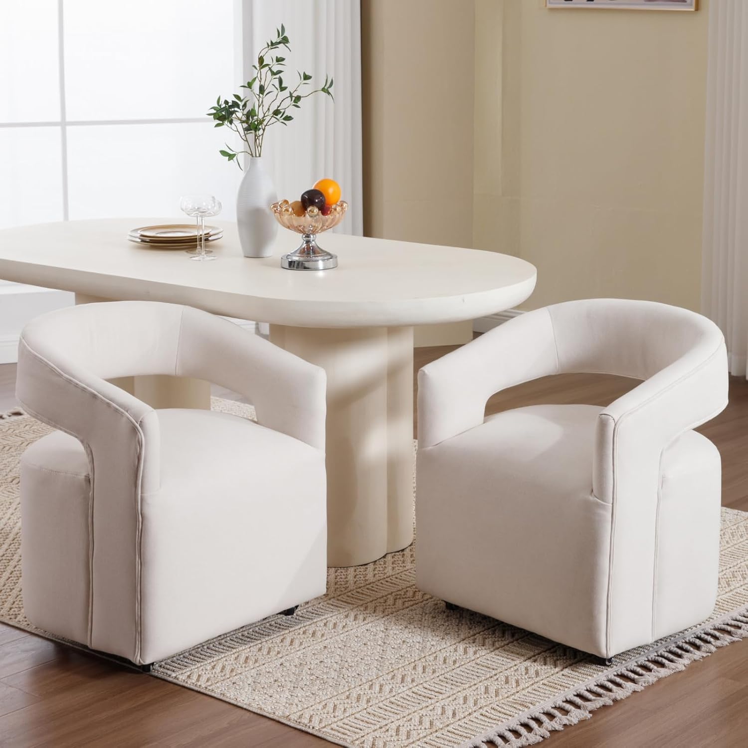 Beige Linen Upholstered Modern Dining Chairs with Casters, Set of 2