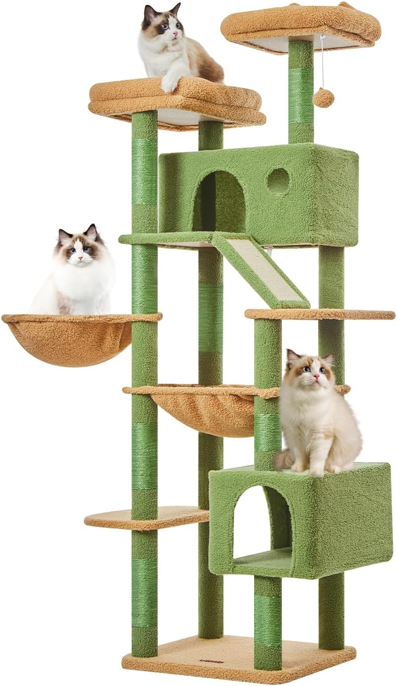 71-Inch Large Cat Tree For Large Cats Plush Multi-Level Cat Condo With 8 Scratching Posts 2 Perches Cave Hammock 2 Pompoms Scratch Board