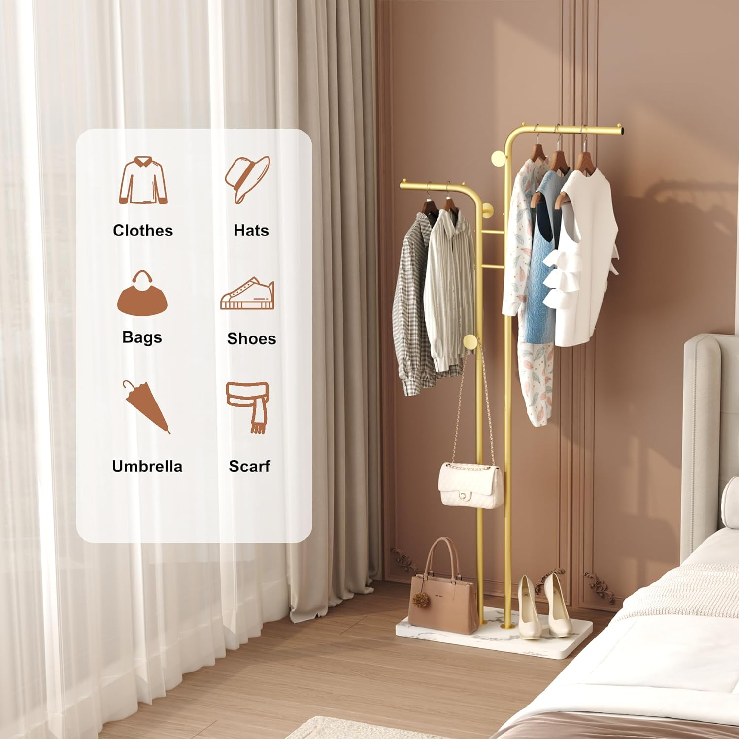 Gold Freestanding Metal Coat Rack with Marble Base and 5 Hooks