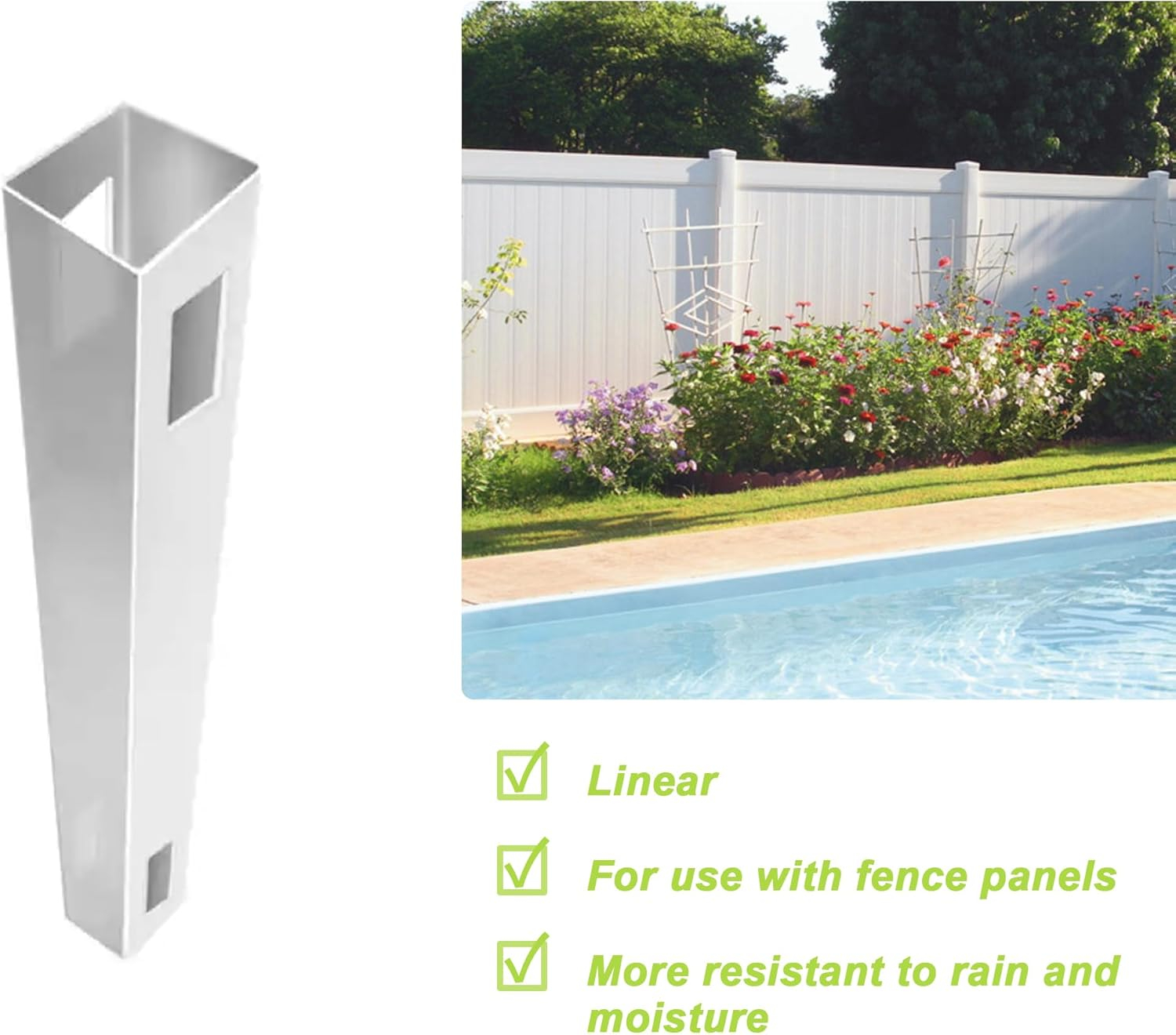 Vinyl Garden Line Fence Post, for 6ft (72" W x 72" H) Height,Caps Included Vinyl White (5" W x 95" H), Set of 2