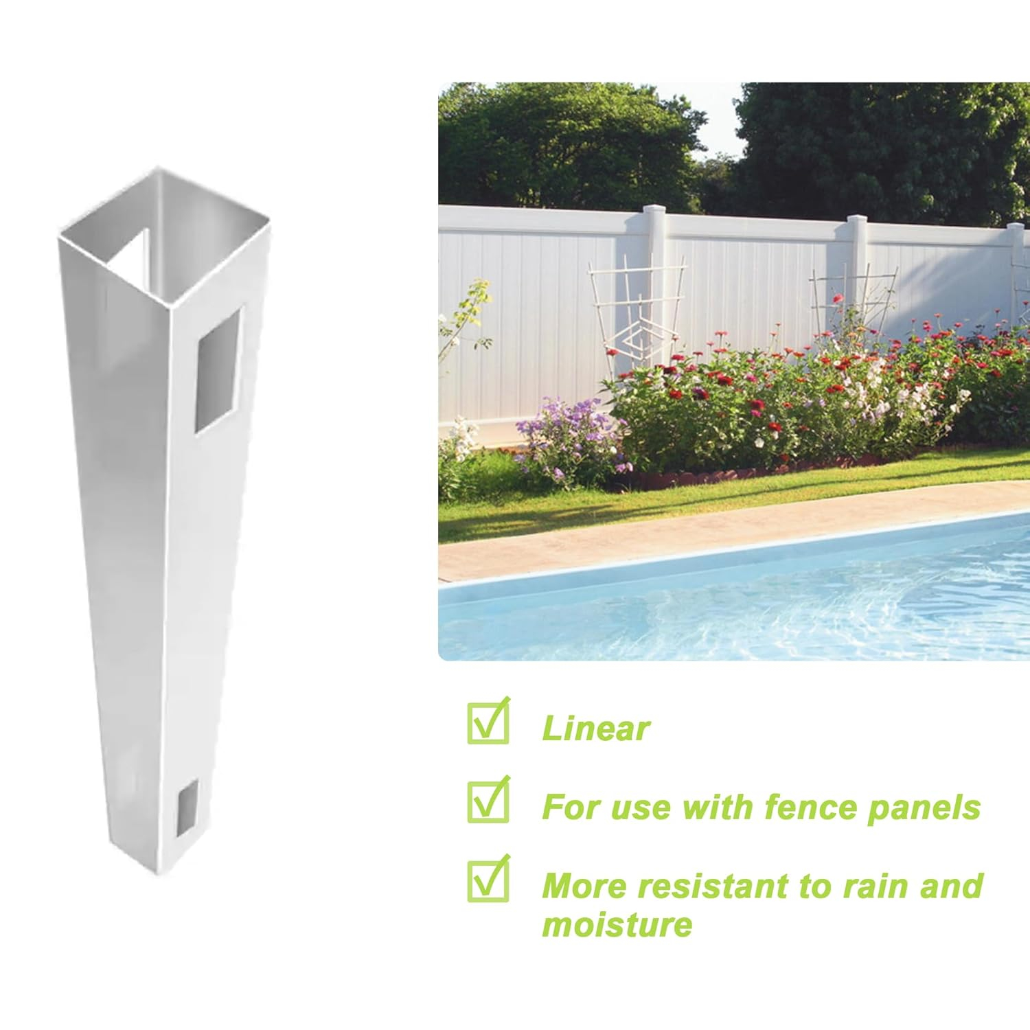 Vinyl Garden Line Fence Post, for 6ft (72" W x 72" H) Height,Caps Included Vinyl White (5" W x 95" H), Set of 2