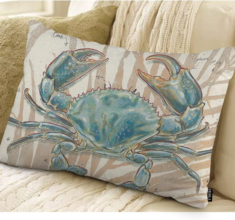 EKOBLA Ocean Beach Theme Decorative Pillow Case Throw Pillow Covers Big Crab Sea Coastal Farmhouse Waist Oblong Rectangle Throw Pillowcase for Sofa Couch Bed Home Cotton Linen 12x20 Inches