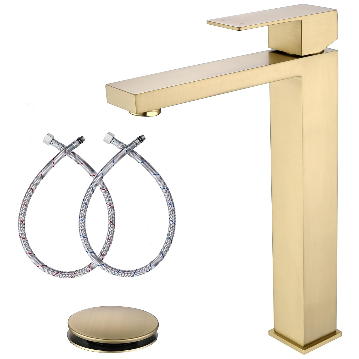 Gold Vessel Sink Faucet, Brushed Gold Tall Single Handle Bathroom Vessel Sink Faucet 1 Hole, Modern Stainless Steel Restroom Vanity Faucet with Metal Pop Up Drain and Water Supply Hose