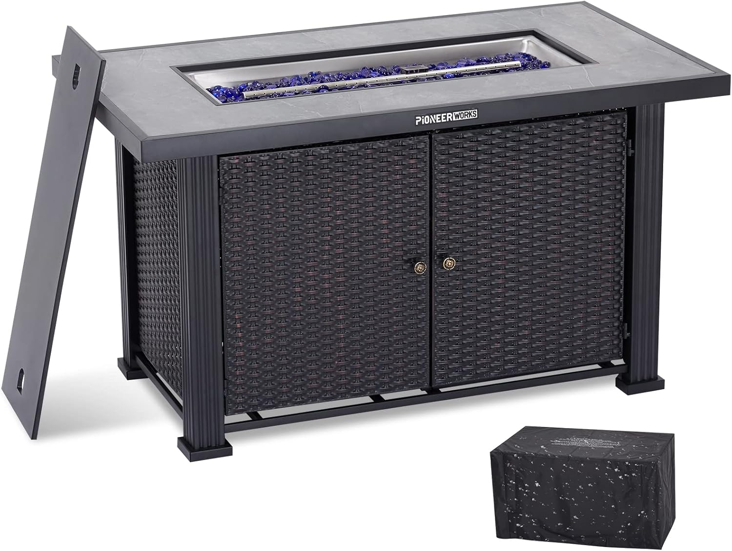 Propane Fire Pit Table 44Inch, 50000BTU Rectangle Fire Table with Cover, Adjustable Flame Auto Electronic Lgnition, Double Sided Door and Separate Storage Space