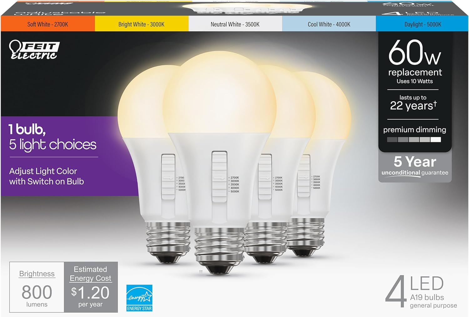 Feit Electric A19 LED Light Bulb, 60W Equivalent, 5CCT, Dimmable, E26 Medium Base, 90 CRI, 800 Lumens, Adjustable White, 22 Years Lifetime, 4 Pack, OM60DM/5CCT/4