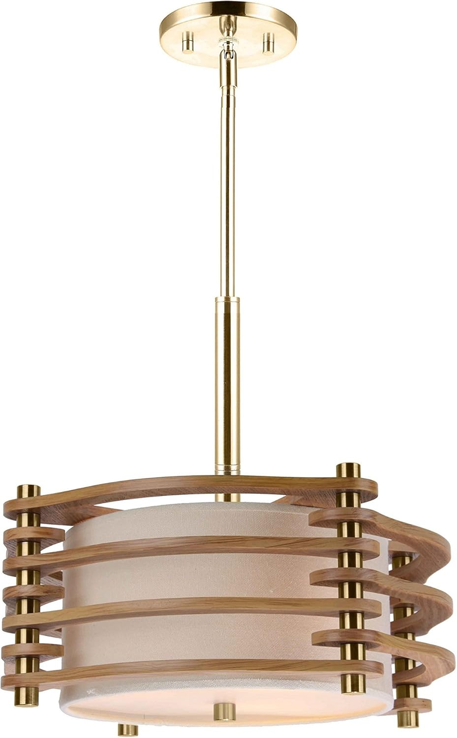 Woodbridge Lighting Steps 3-Light Wood & Fabric Pendant in Brushed Brass/Ash