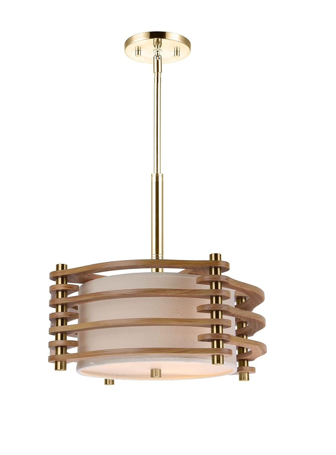 Woodbridge Lighting Steps 3-Light Wood & Fabric Pendant in Brushed Brass/Ash
