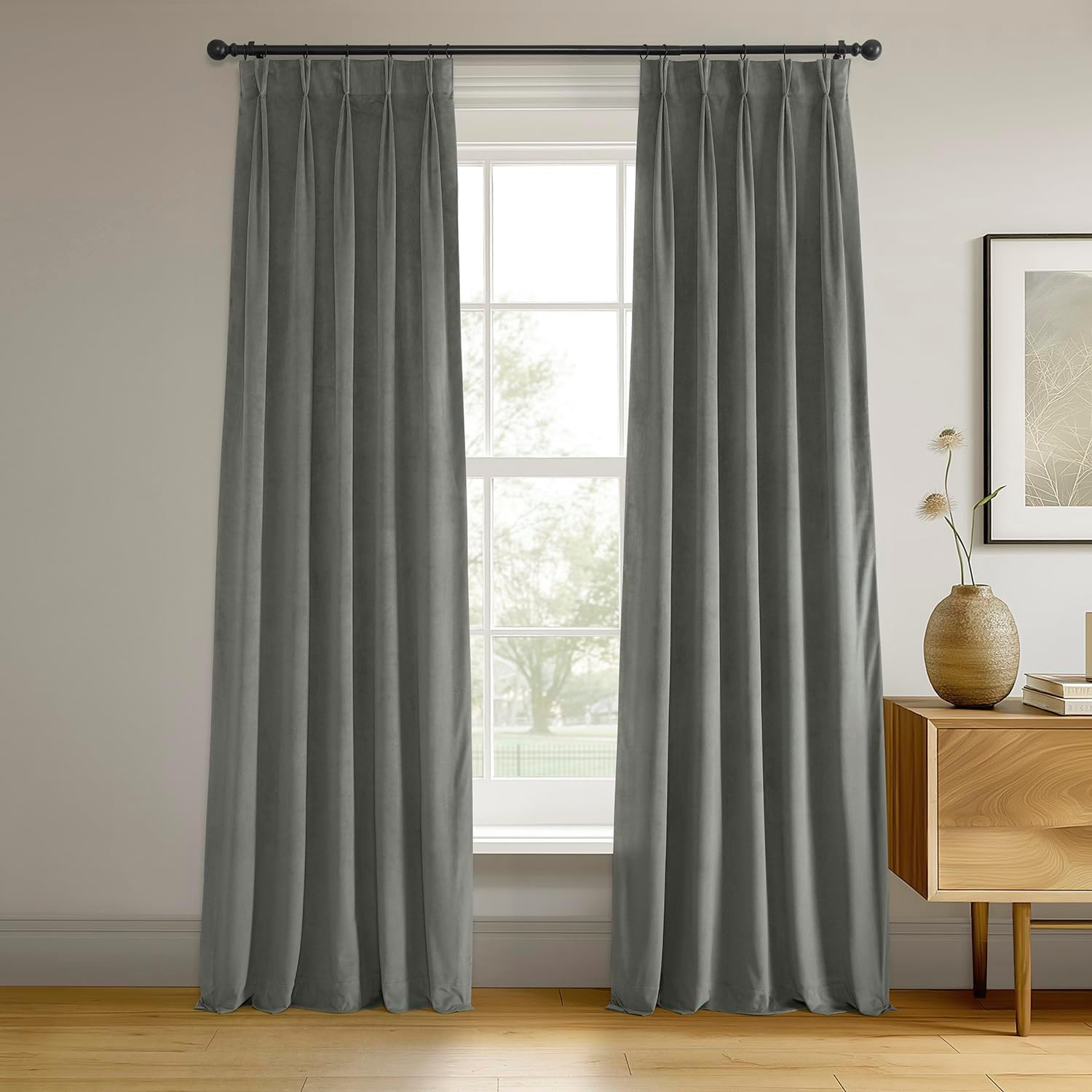 Silver Grey Velvet Pinch Pleat Blackout Curtain - 25 in. W x 96 in. L (1 Panel)