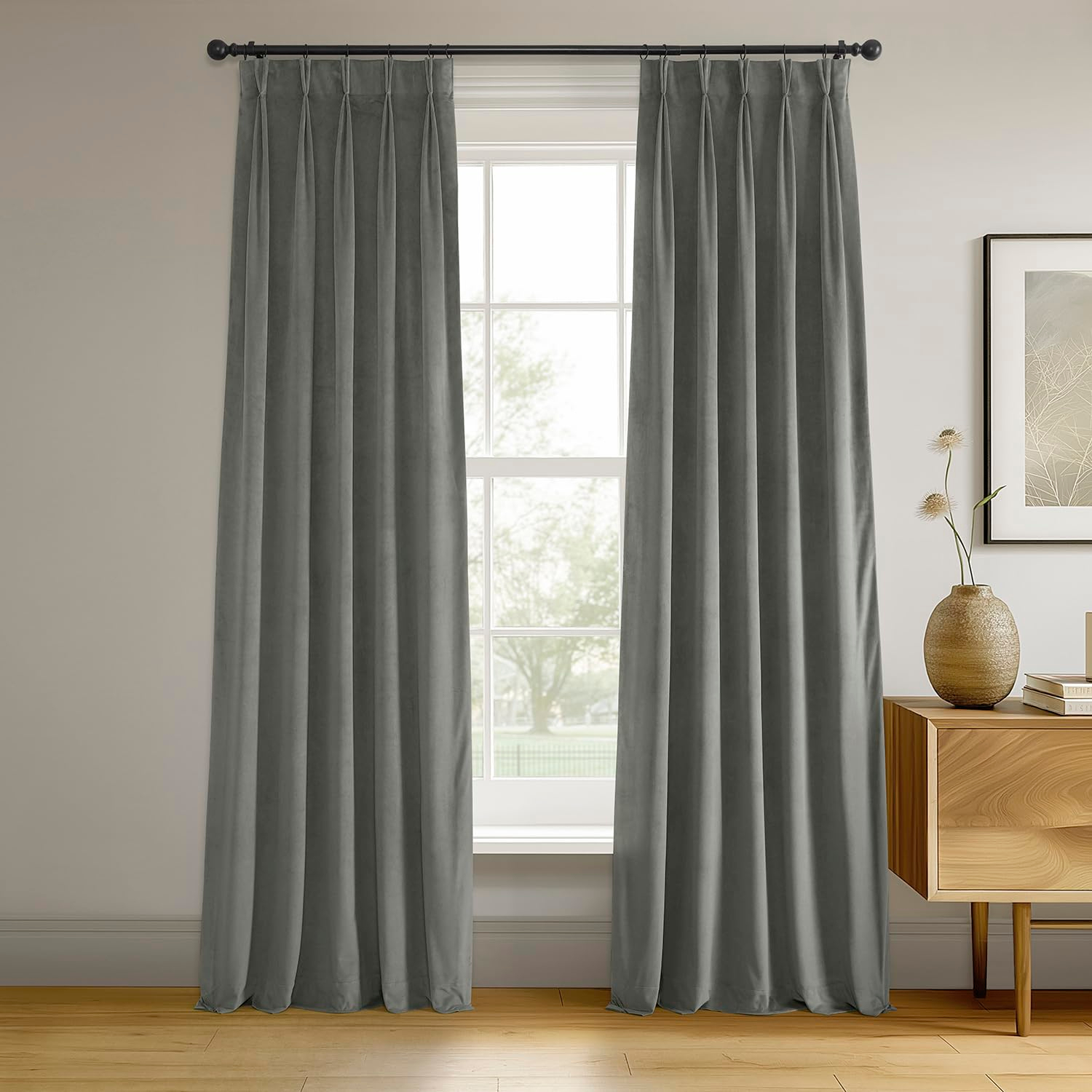 Silver Grey Velvet Pinch Pleat Blackout Curtain - 25 in. W x 96 in. L (1 Panel)