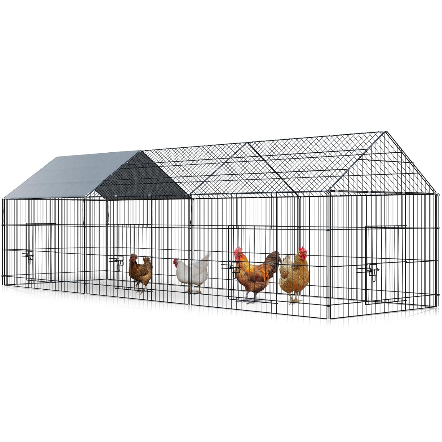 Metal Chicken Coop, 86 x 40 x 40 Inch Chicken Run for Yard with Waterproof Cover, Outdoor Portable Chicken Pen with 4 Doors, 1 Window, Chicken House for Small Animals Duck, Rabbit, Hen