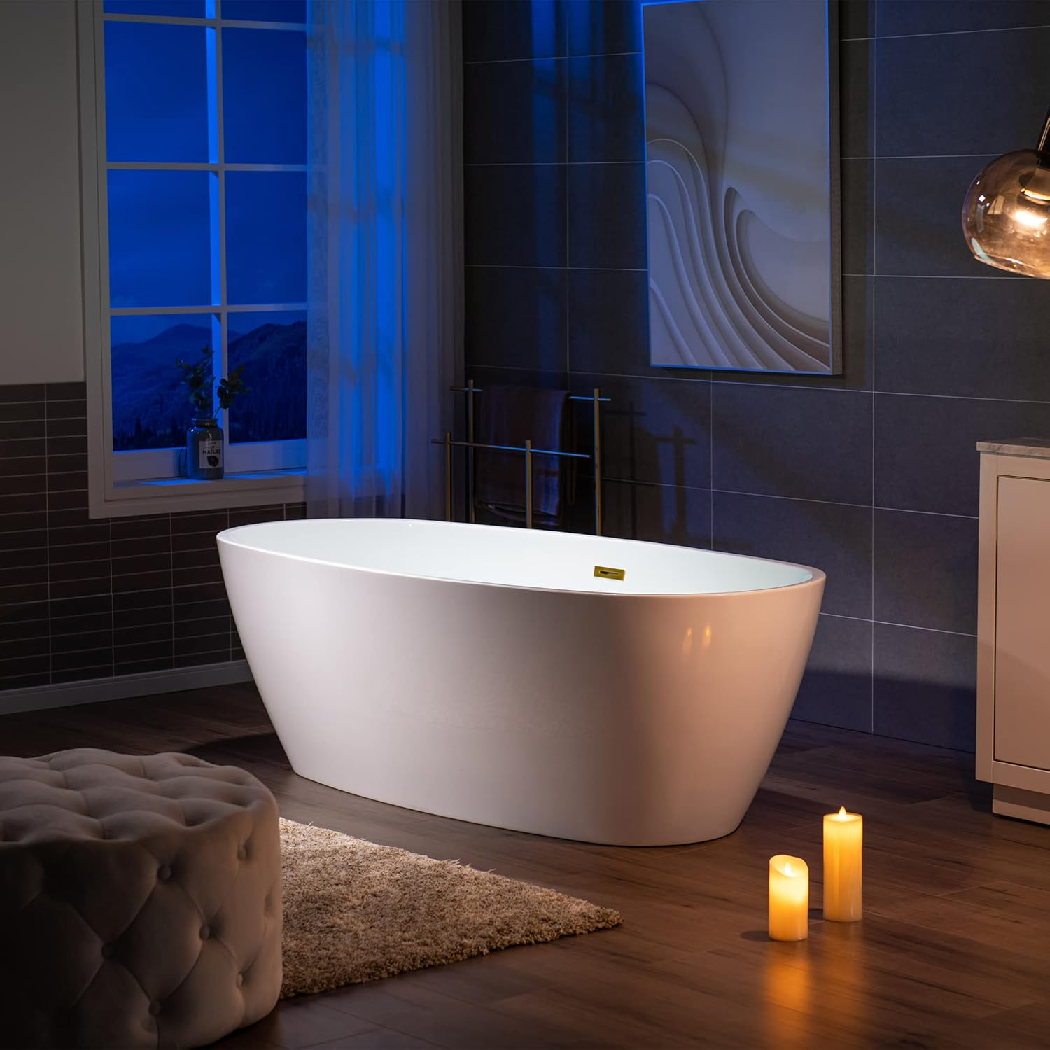 WOODBRIDGE 71" Acrylic Freestanding Bathtub Contemporary Soaking Tub, White Acrylic,Brushed Gold Drain/Overflow