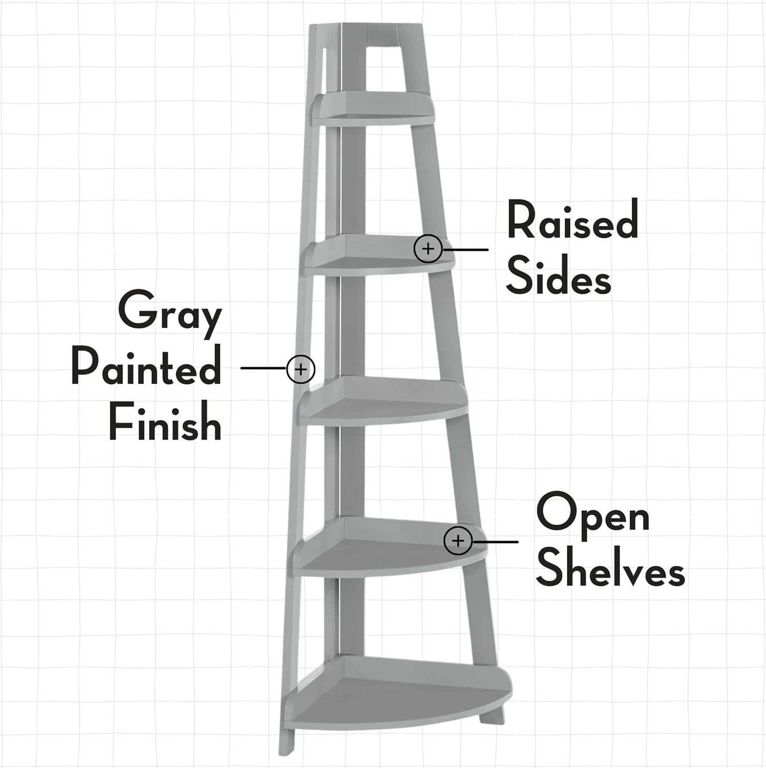 RiverRidge 5-Tier Corner Ladder Bookshelf for Kids Gray - Versatile Corner Shelf with Open Shelves Display Shelf for Books and Toys Corner Storage