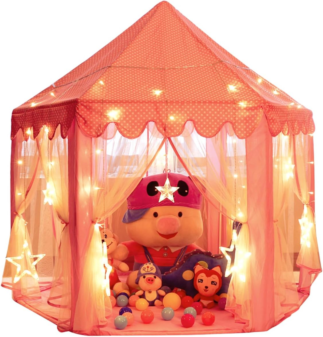 Princess Playhouse Play Tent with LED Lights, Large Collapsible Indoor / Outdoor Kids Teepee with Carrying Bag