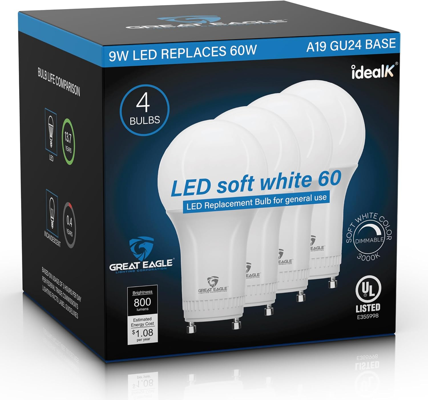 Great Eagle GU24 Led Bulb - 9W (60W Equivalent), Dimmable, 3000K Soft White, UL Listed, Twist-in Light Bulb, 2 Prong Light Bulbs (4-Pack)