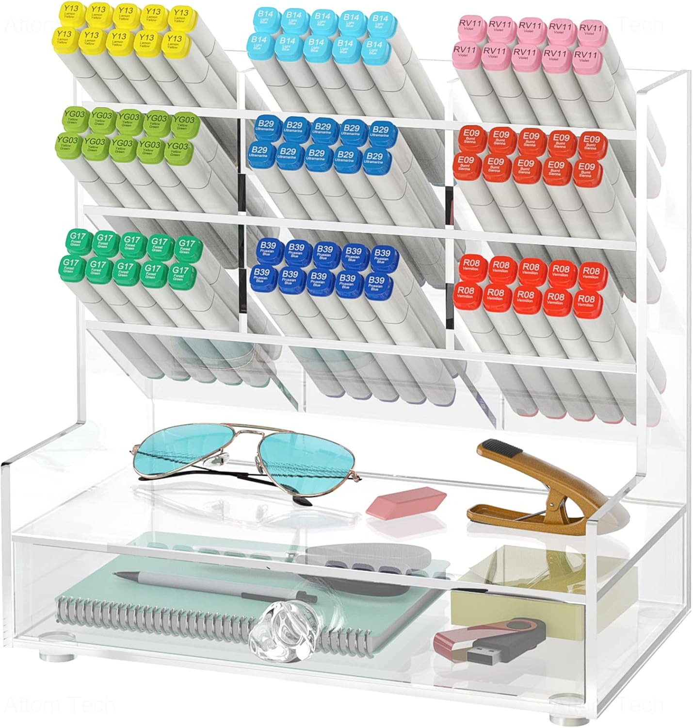 Clear Acrylic Desk Organizer with 10 Compartments for Pens, Writing & Correction Supplies Ideal for Office, School and Home Use