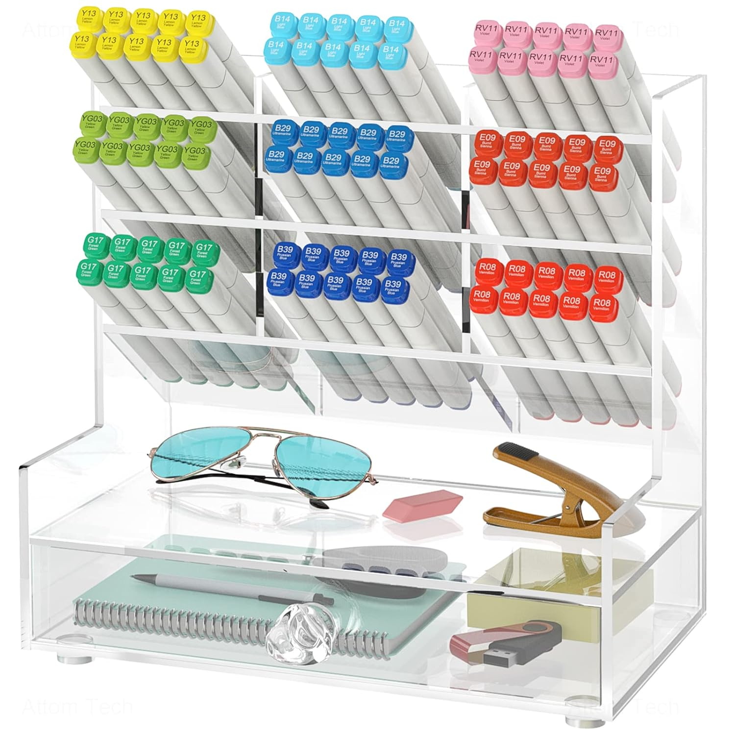Clear Acrylic Desk Organizer with 10 Compartments for Pens, Writing & Correction Supplies Ideal for Office, School and Home Use